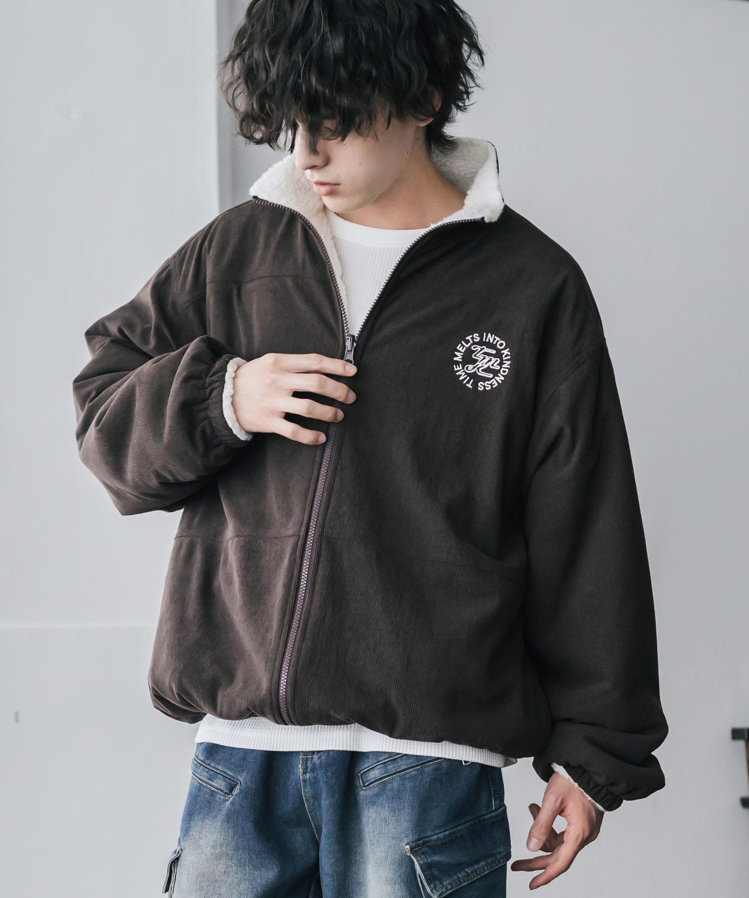 新色追加 2Wayリバーシブル 両A面オーバーサイズワンポイントサークルロゴ刺繍スタンドネックボアブルゾン 14527