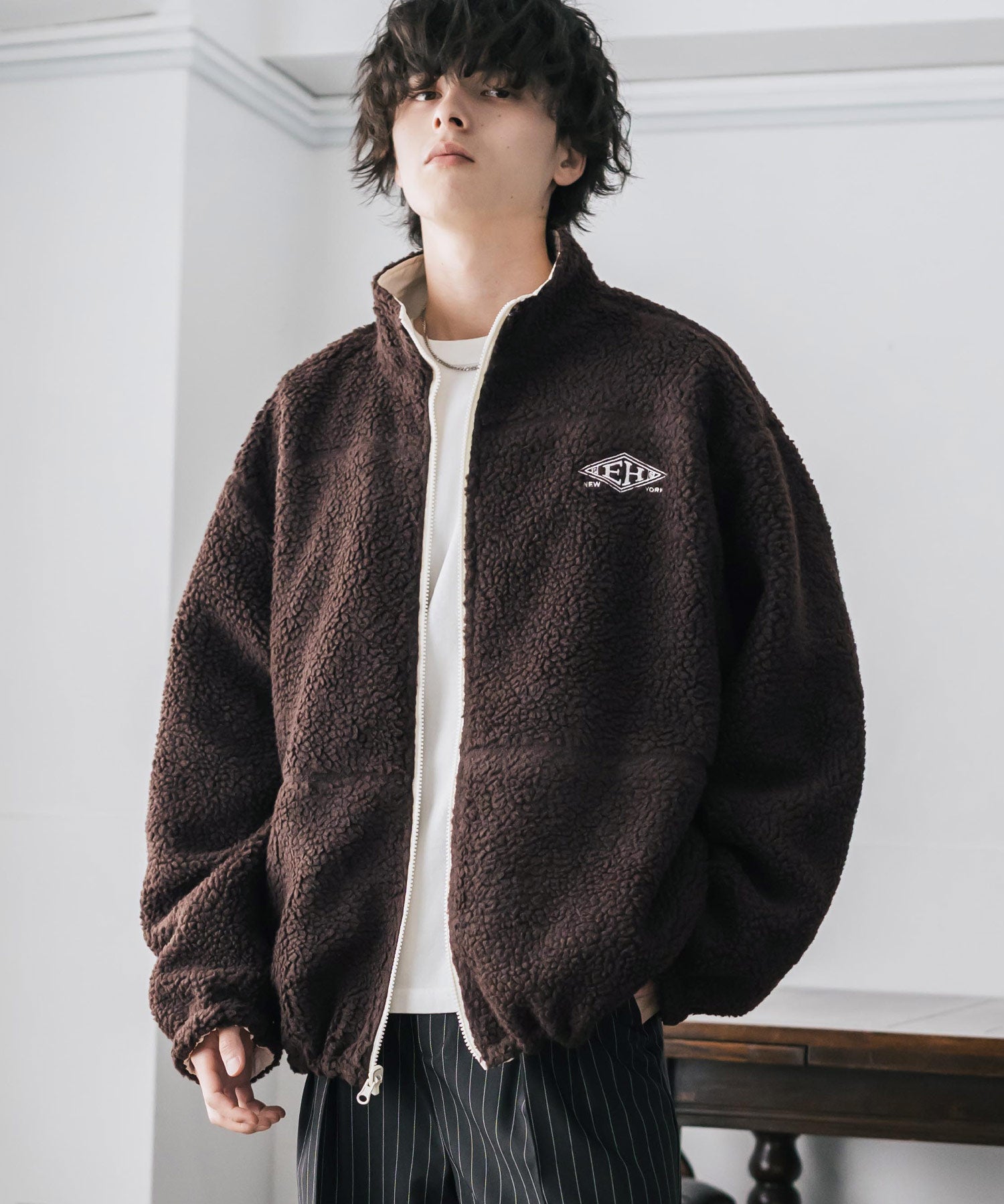 新色追加 2Wayリバーシブル 両A面オーバーサイズワンポイントサークルロゴ刺繍スタンドネックボアブルゾン 14527