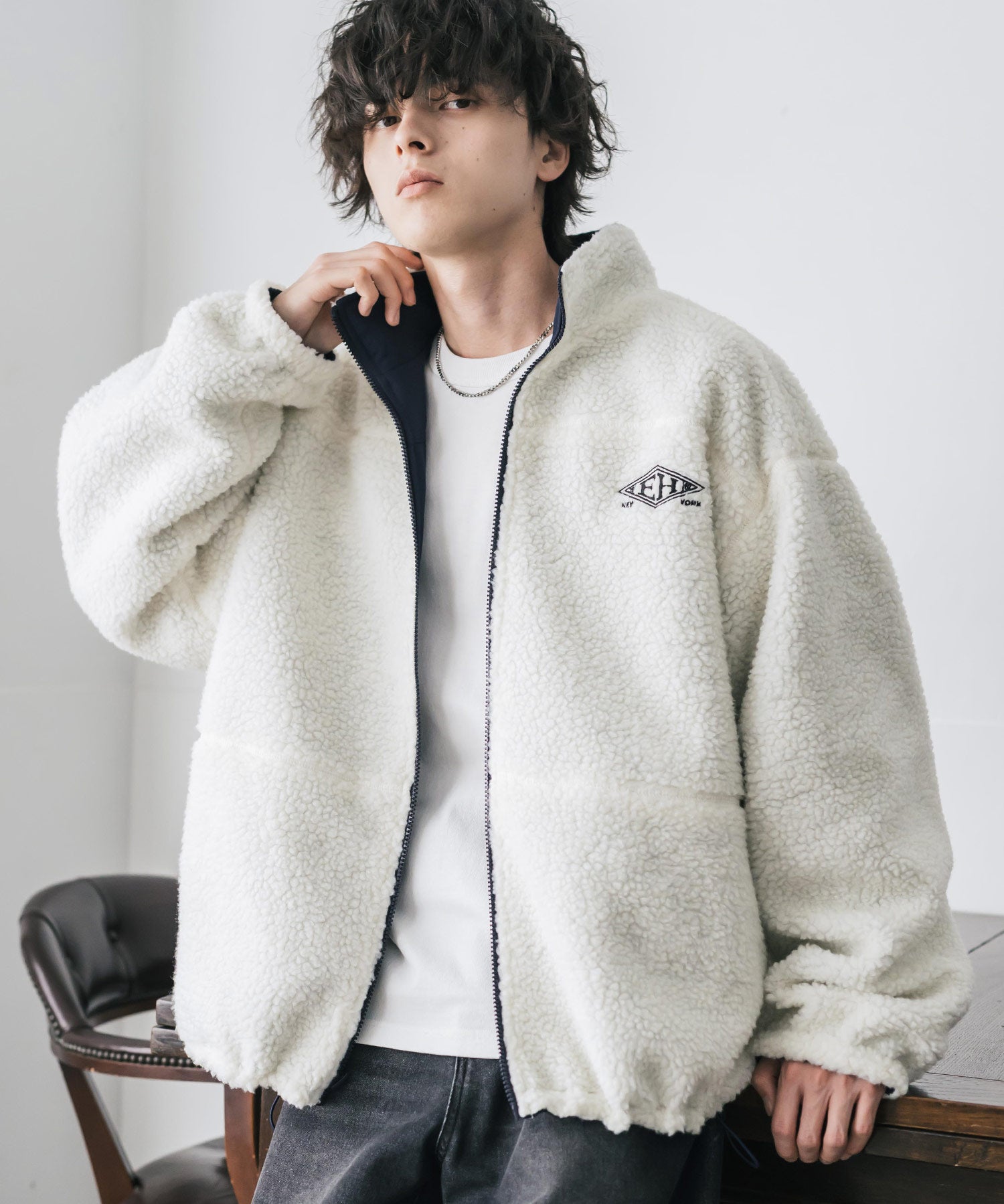 新色追加 2Wayリバーシブル 両A面オーバーサイズワンポイントサークルロゴ刺繍スタンドネックボアブルゾン 14527