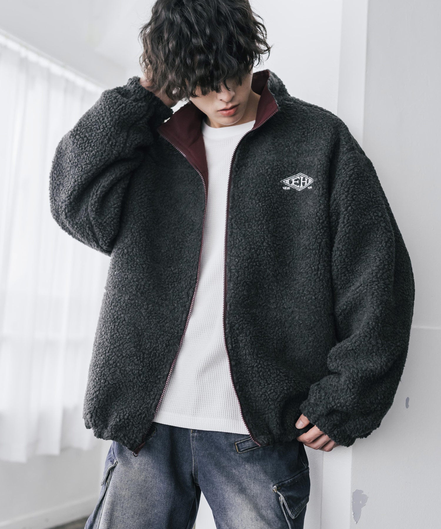 新色追加 2Wayリバーシブル 両A面オーバーサイズワンポイントサークルロゴ刺繍スタンドネックボアブルゾン 14527