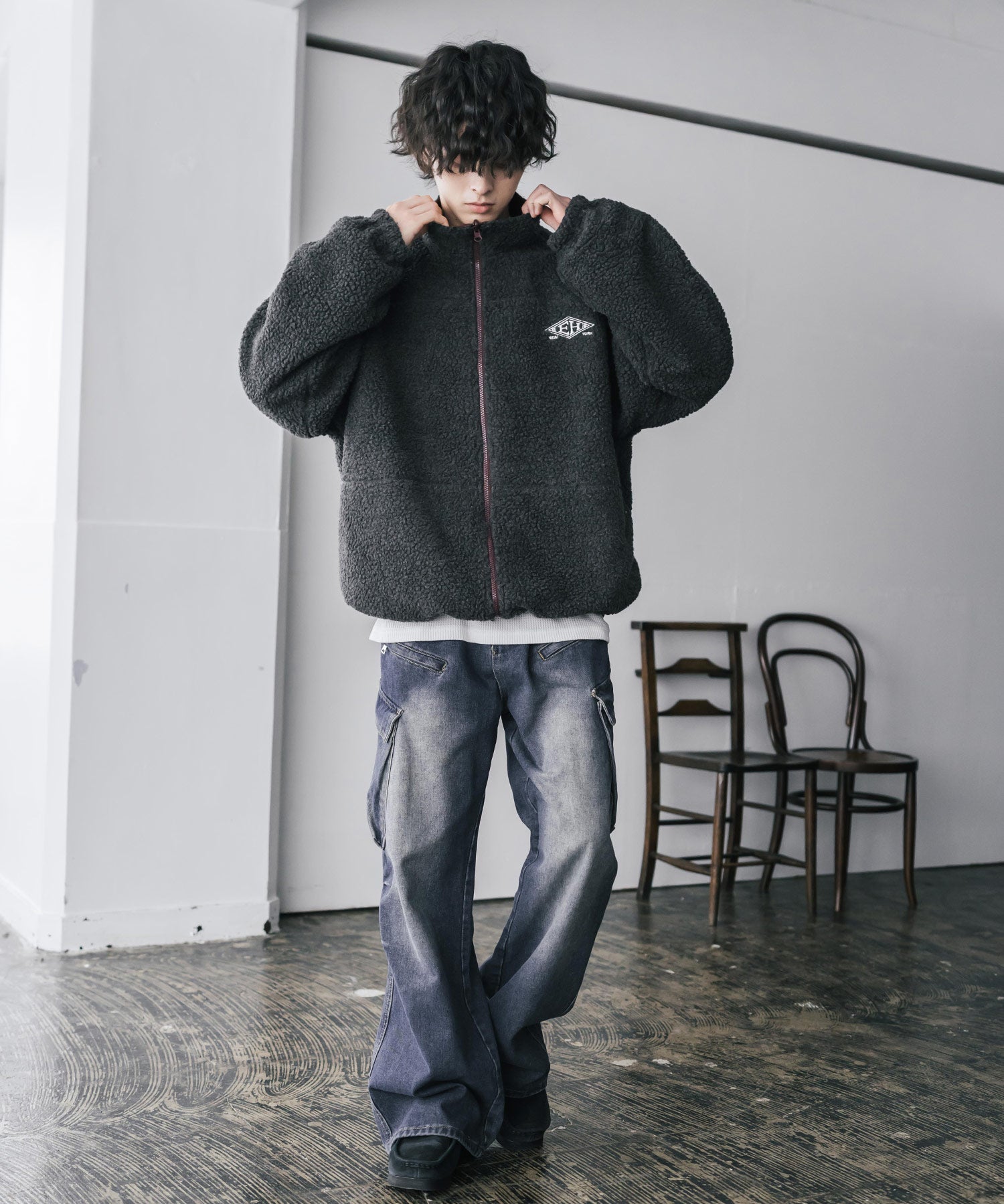 新色追加 2Wayリバーシブル 両A面オーバーサイズワンポイントサークルロゴ刺繍スタンドネックボアブルゾン 14527