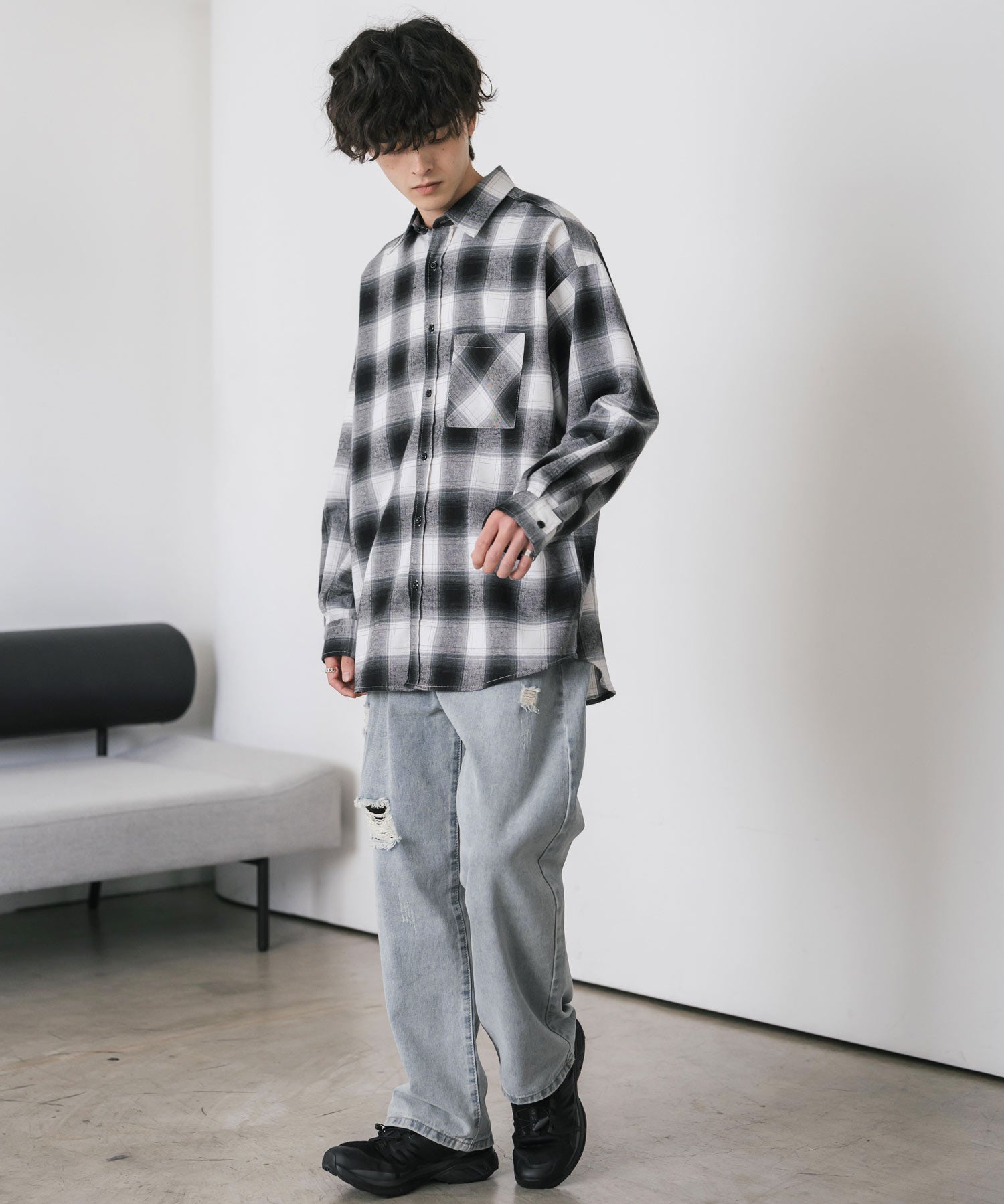 新色追加 オーバーサイズレギュラーカラー長袖ネルシャツ チェック柄/オンブレチェック/無地 14534