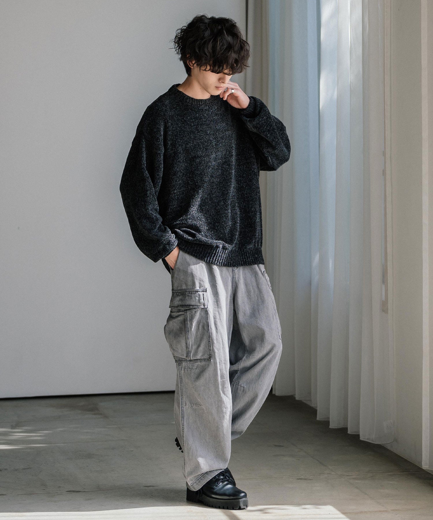 ルーズシルエット アクリル/モールクルーネック長袖ニット 14538