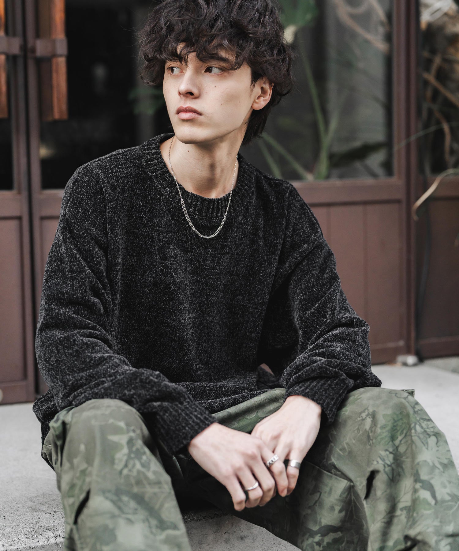 ルーズシルエット アクリル/モールクルーネック長袖ニット 14538