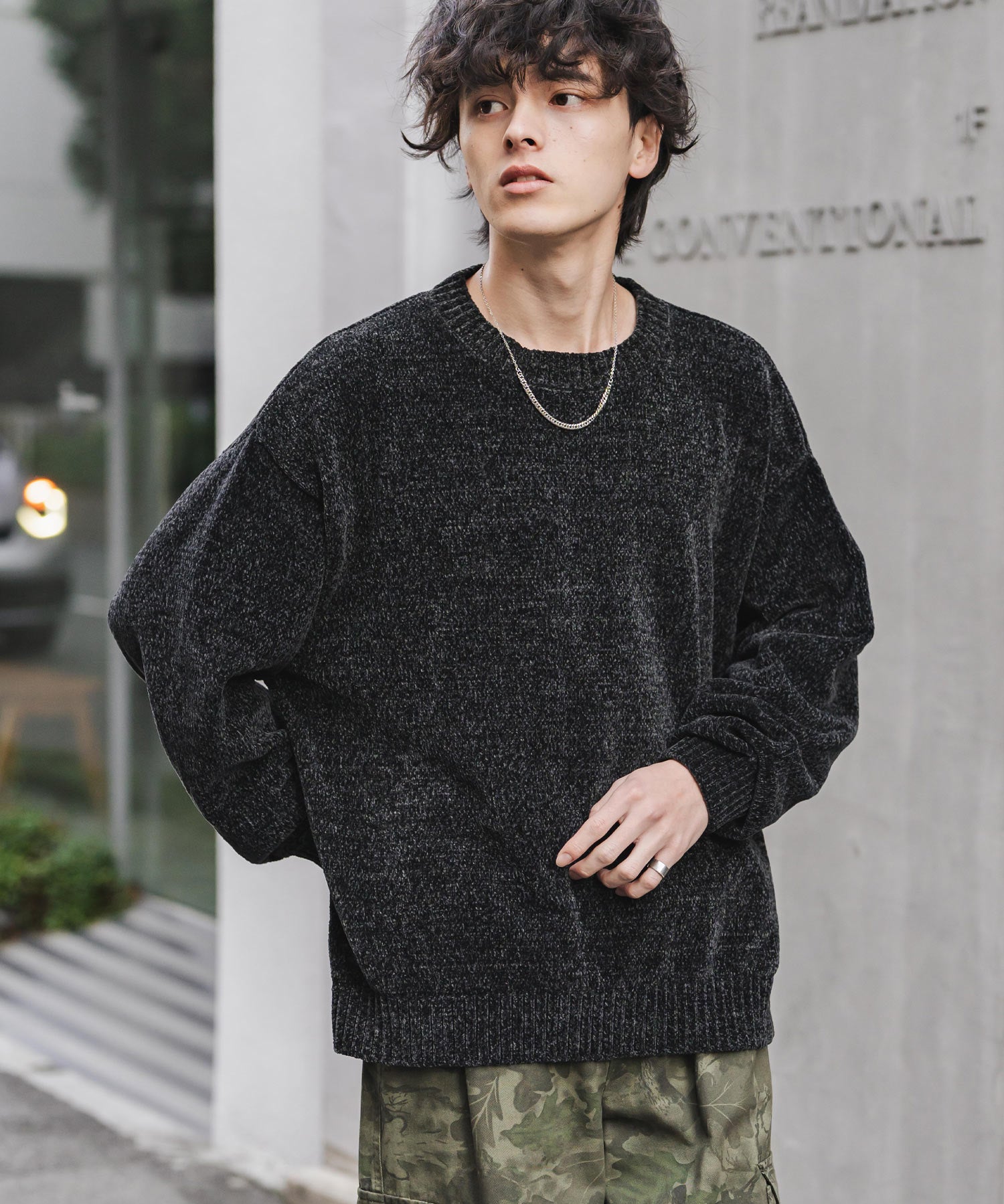 ルーズシルエット アクリル/モールクルーネック長袖ニット 14538