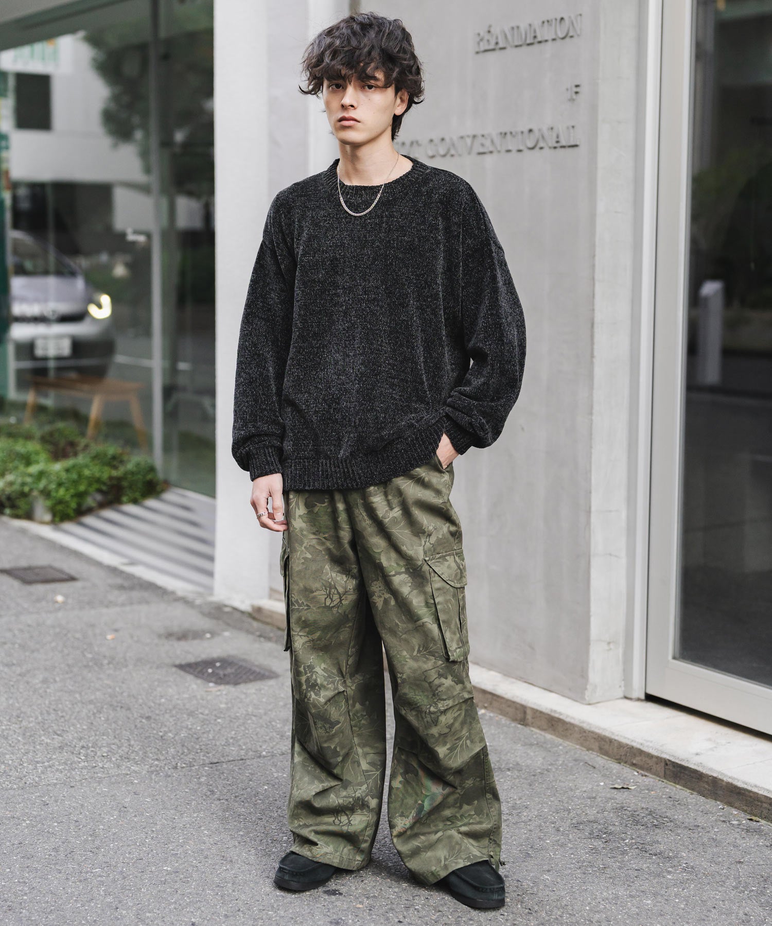 ルーズシルエット アクリル/モールクルーネック長袖ニット 14538