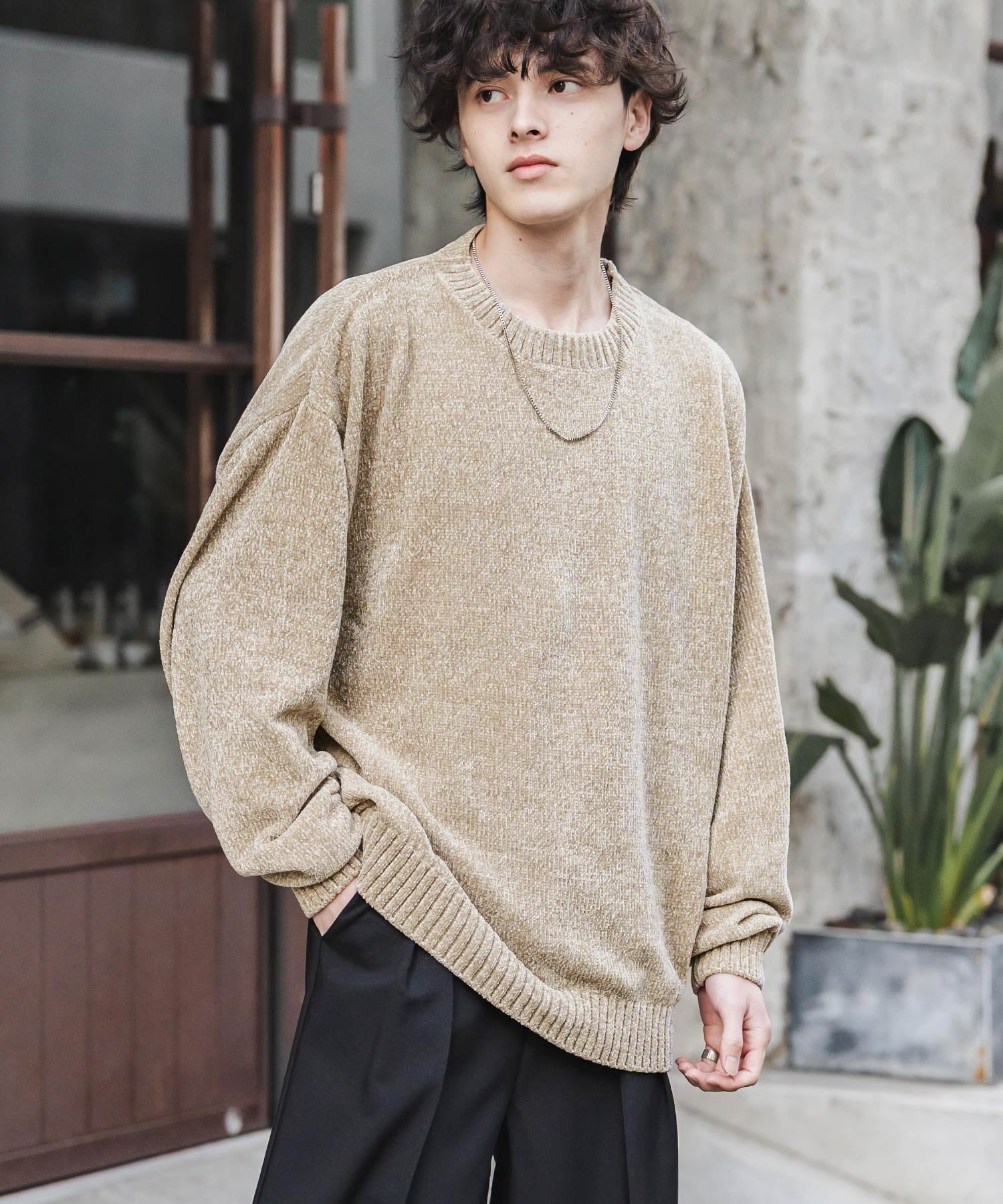 ルーズシルエット アクリル/モールクルーネック長袖ニット 14538