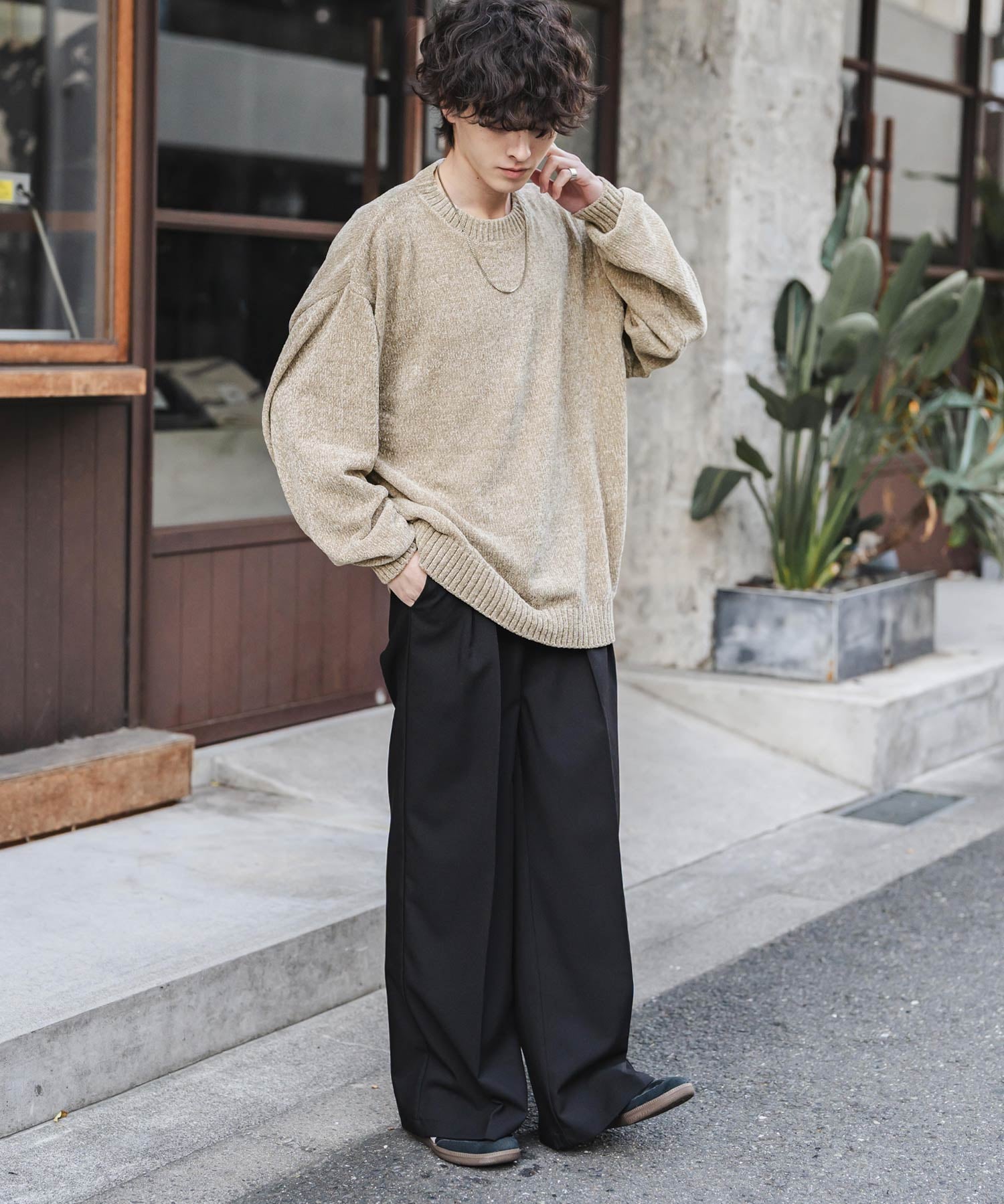 ルーズシルエット アクリル/モールクルーネック長袖ニット 14538