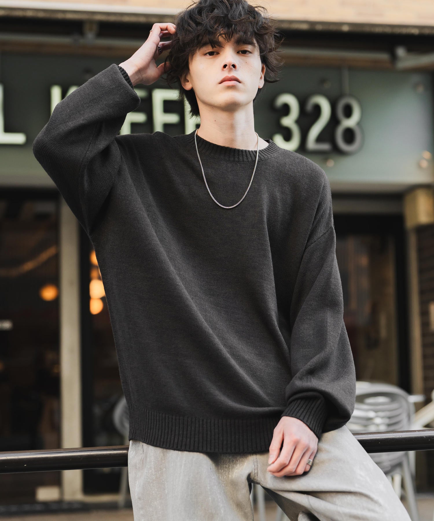 ルーズシルエット アクリル/モールクルーネック長袖ニット 14538