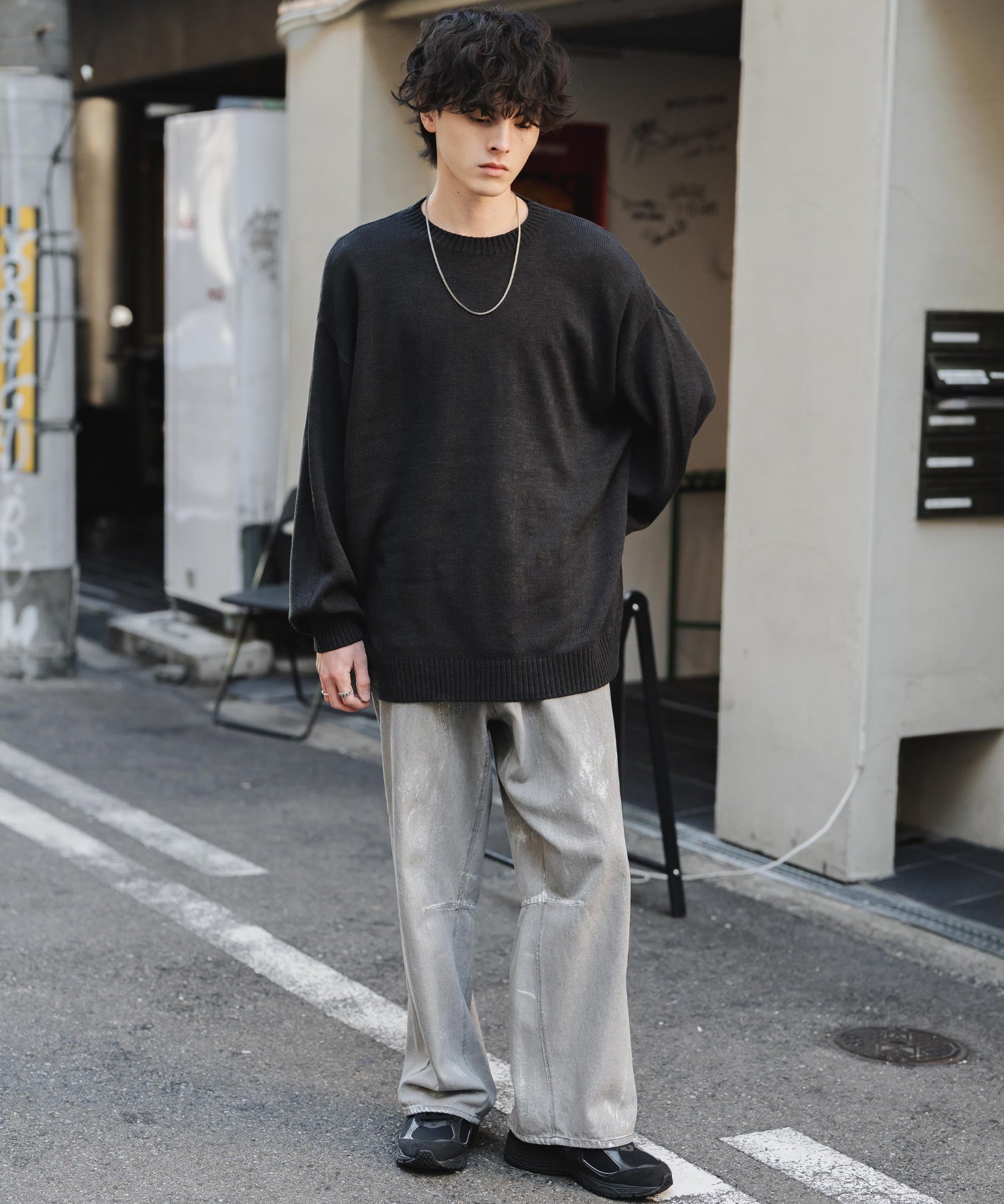 ルーズシルエット アクリル/モールクルーネック長袖ニット 14538