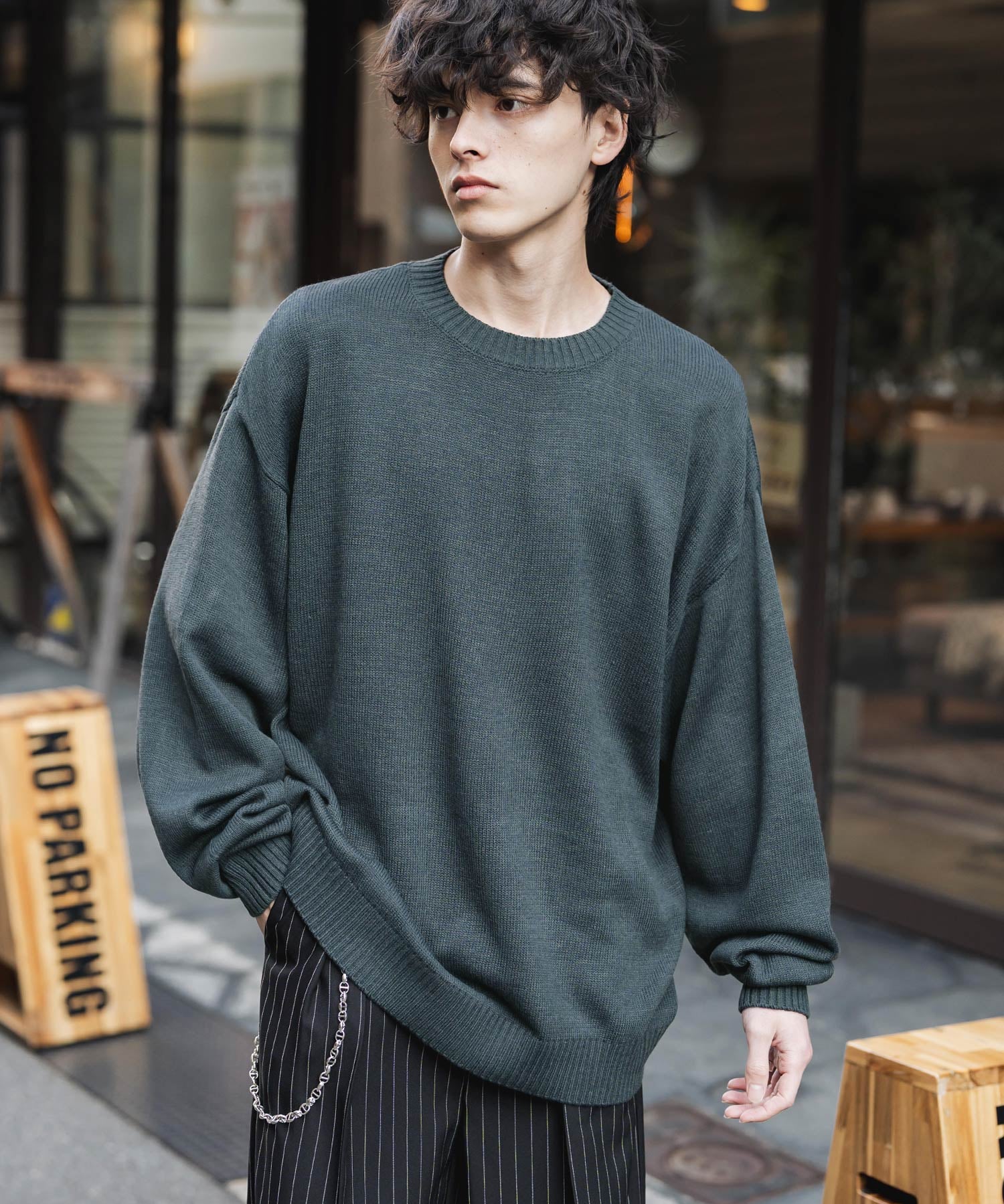 ルーズシルエット アクリル/モールクルーネック長袖ニット 14538