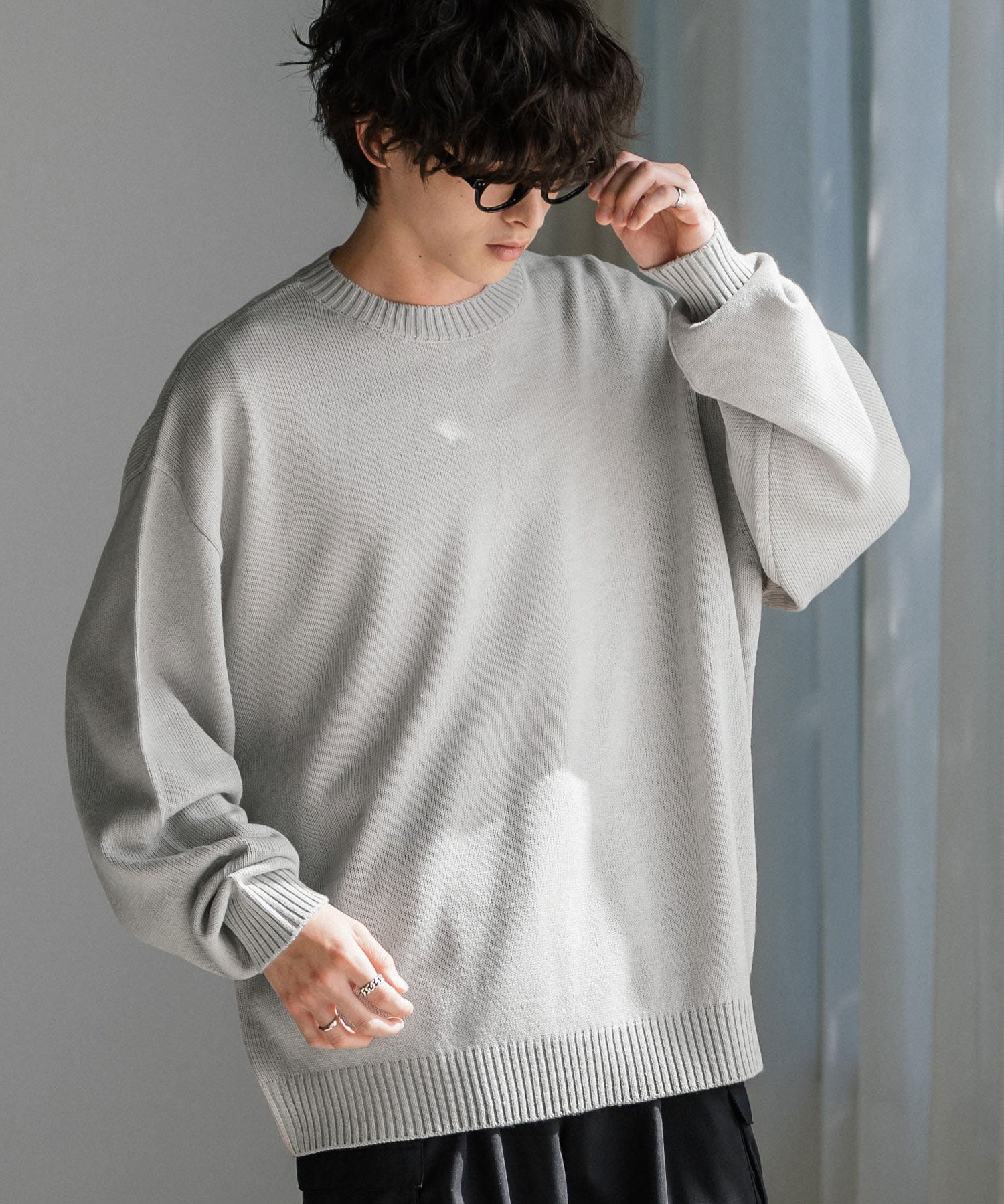 ルーズシルエット アクリル/モールクルーネック長袖ニット 14538