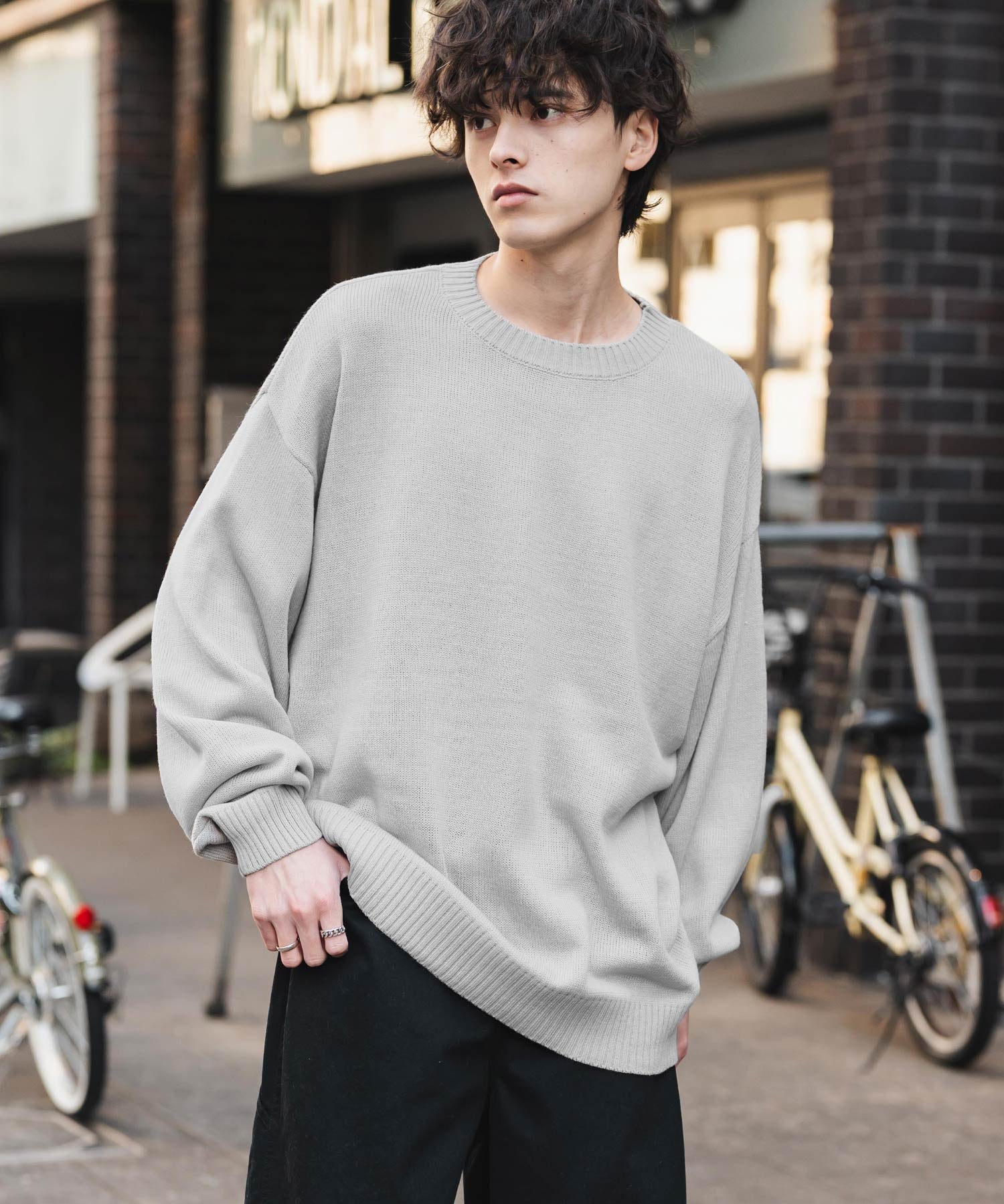 ルーズシルエット アクリル/モールクルーネック長袖ニット 14538