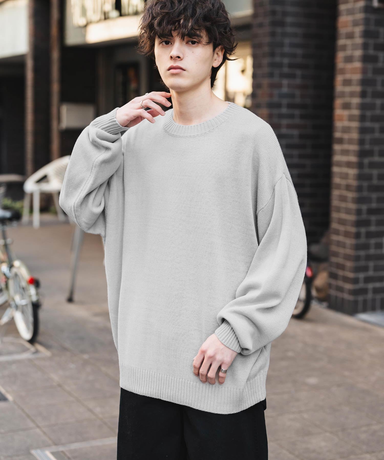 ルーズシルエット アクリル/モールクルーネック長袖ニット 14538