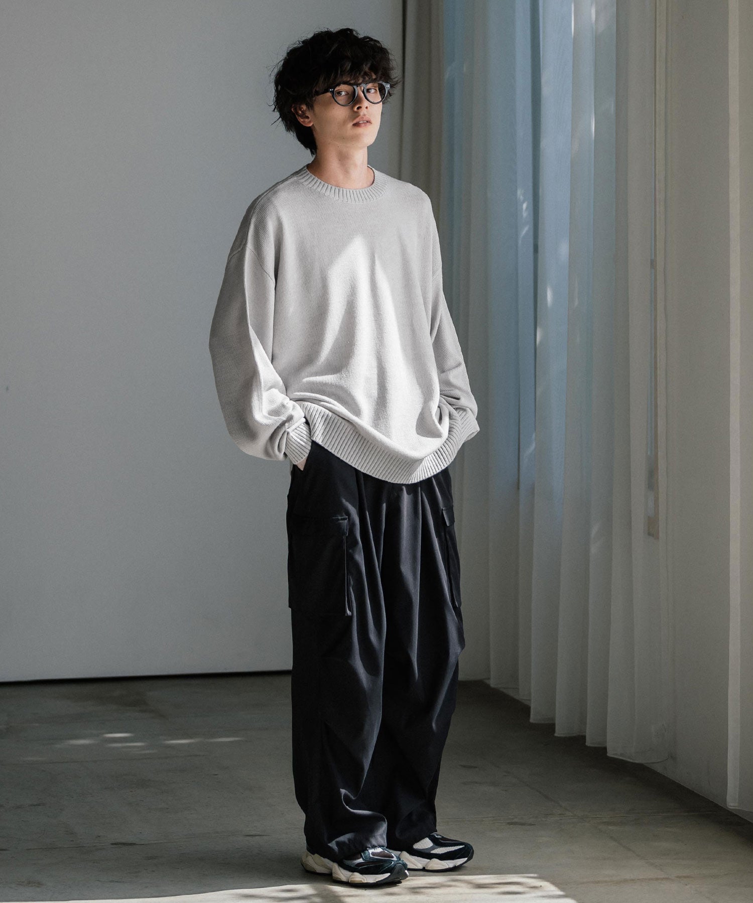 ルーズシルエット アクリル/モールクルーネック長袖ニット 14538