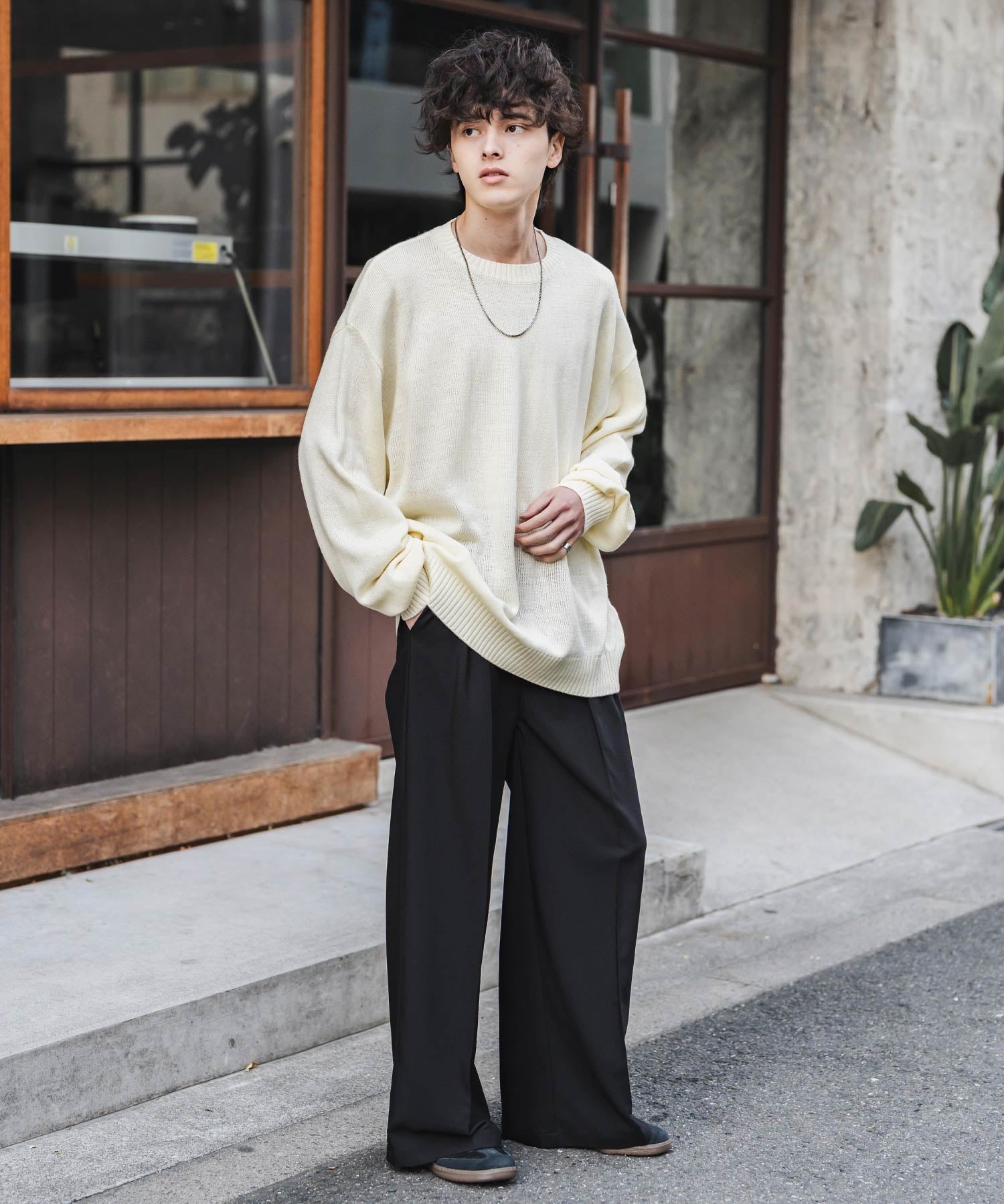 ルーズシルエット アクリル/モールクルーネック長袖ニット 14538