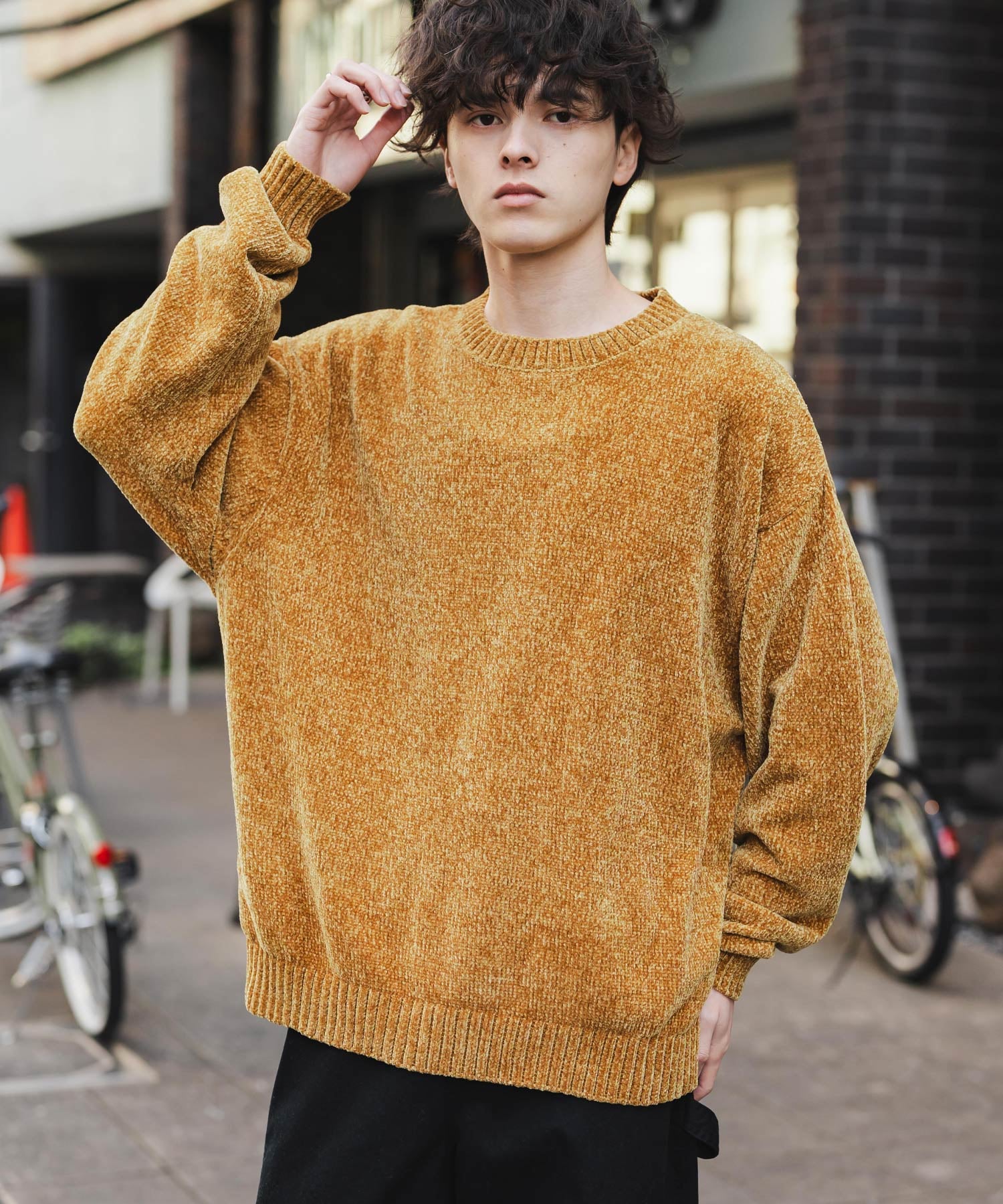 ルーズシルエット アクリル/モールクルーネック長袖ニット 14538