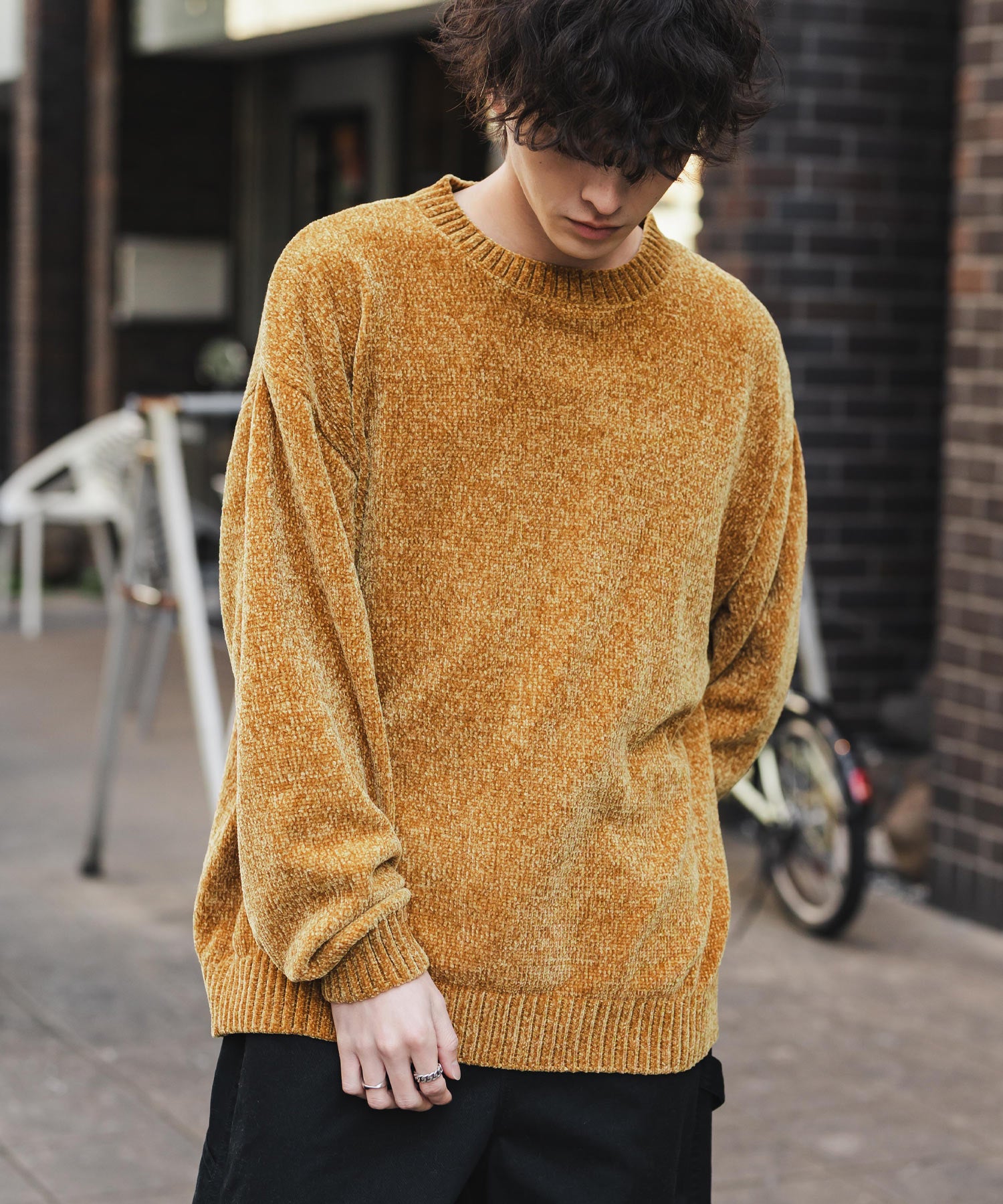 ルーズシルエット アクリル/モールクルーネック長袖ニット 14538