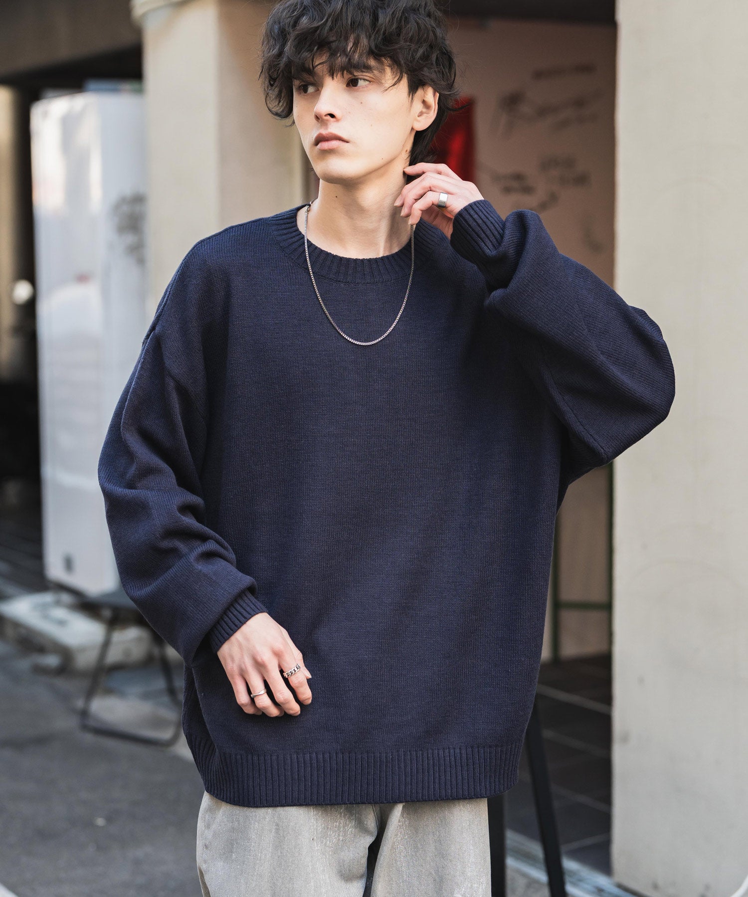 ルーズシルエット アクリル/モールクルーネック長袖ニット 14538