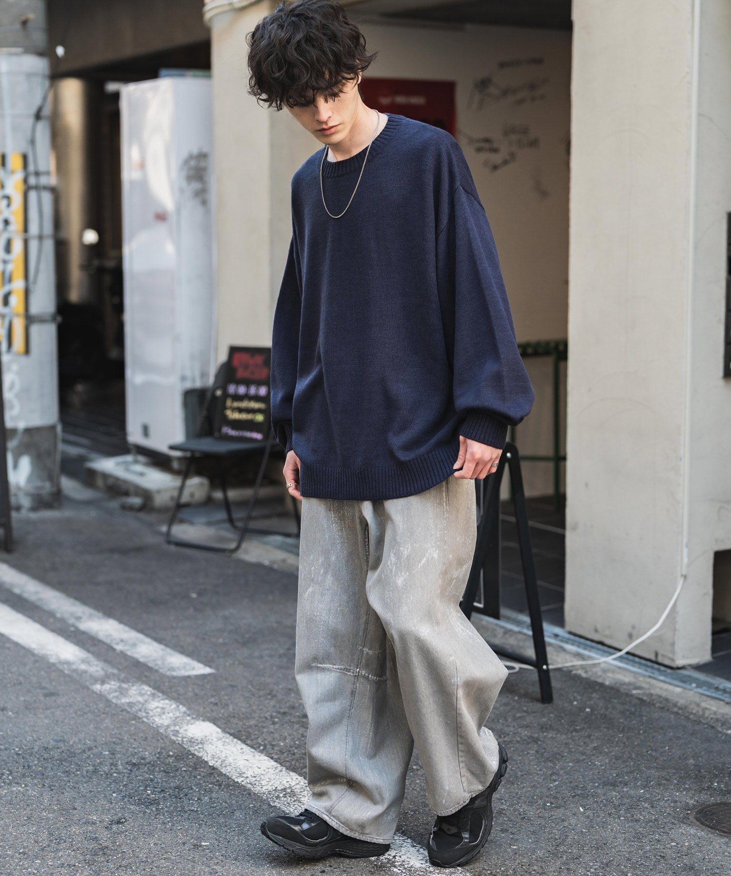 ルーズシルエット アクリル/モールクルーネック長袖ニット 14538