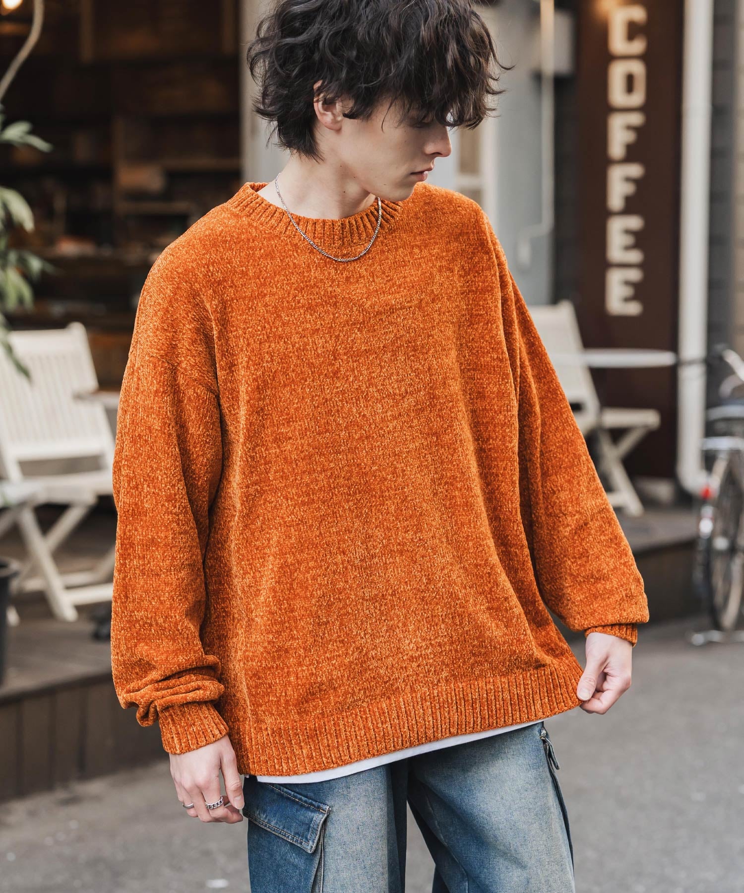 ルーズシルエット アクリル/モールクルーネック長袖ニット 14538