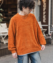 ルーズシルエット アクリル/モールクルーネック長袖ニット 14538