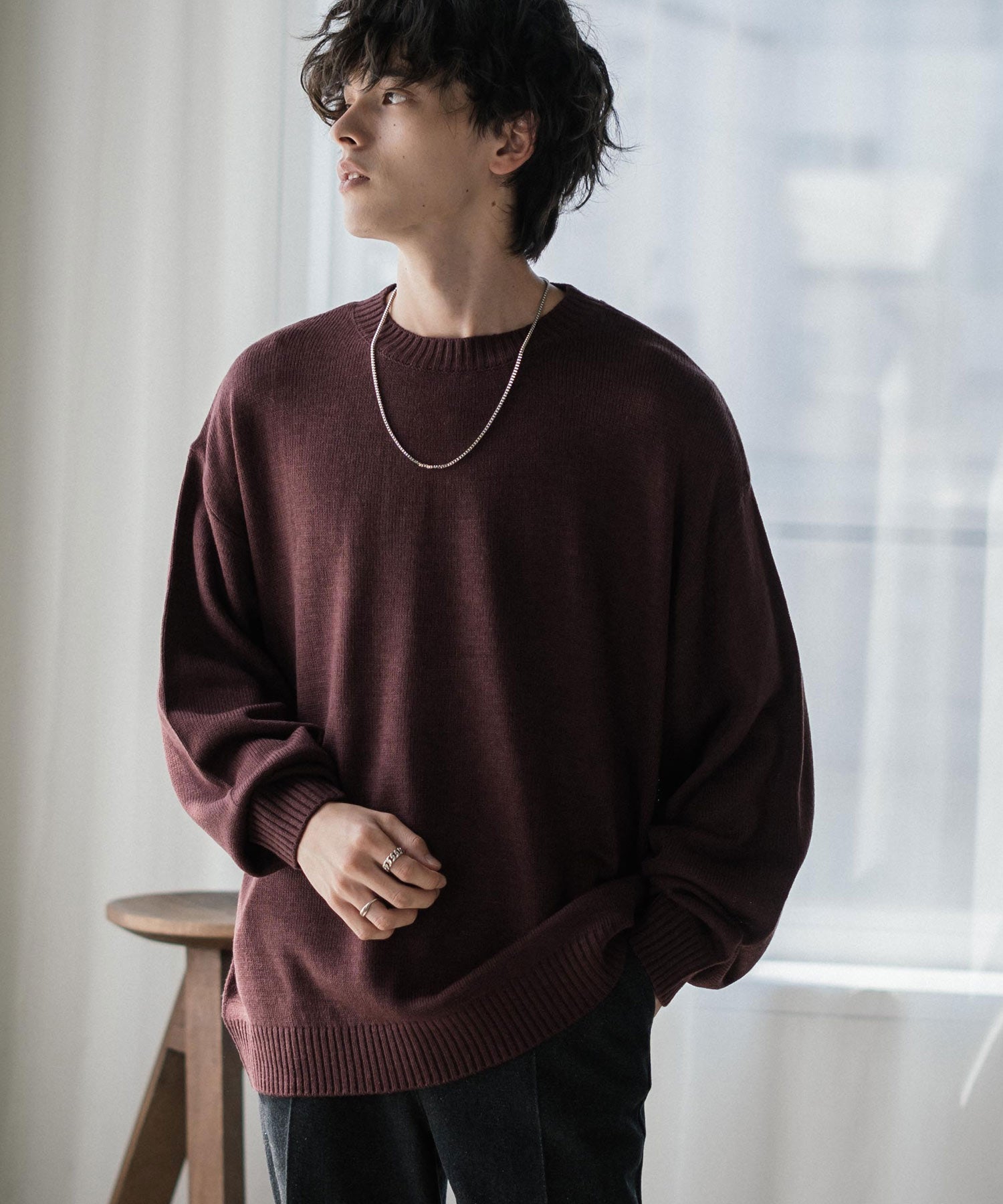 ルーズシルエット アクリル/モールクルーネック長袖ニット 14538