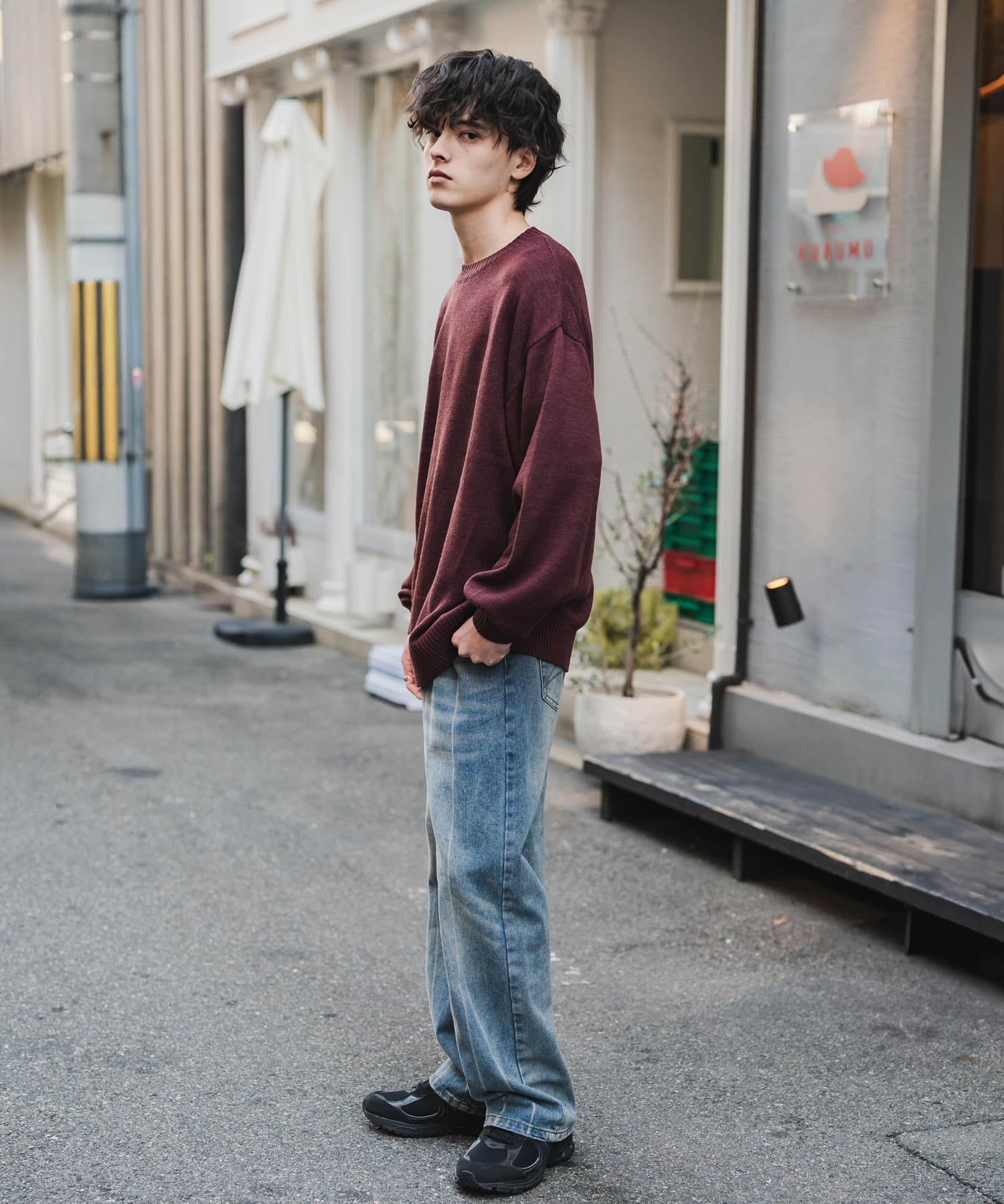 ルーズシルエット アクリル/モールクルーネック長袖ニット 14538