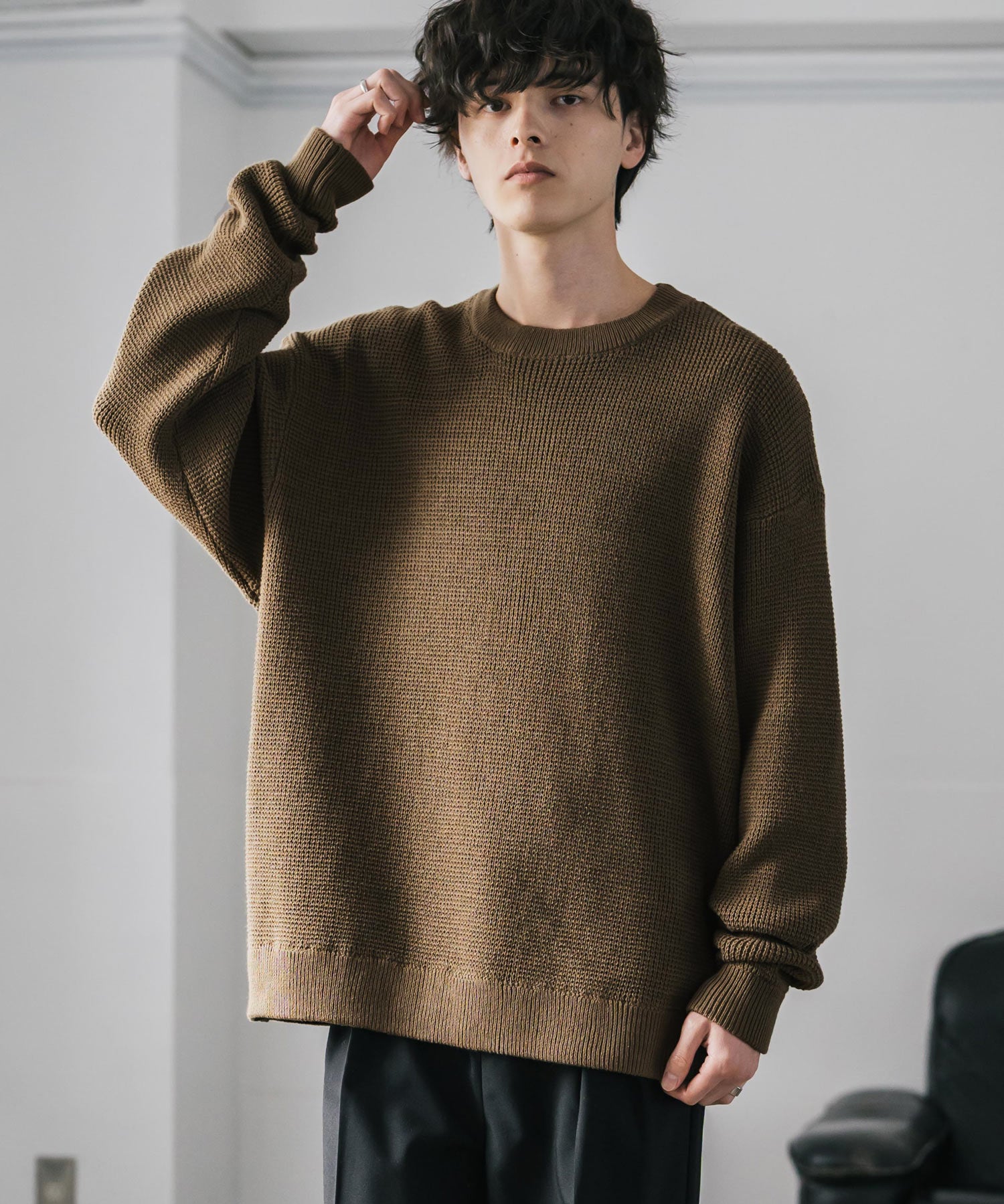 オーバーサイズ配色リブワッフルニットプルオーバーセーター	14546