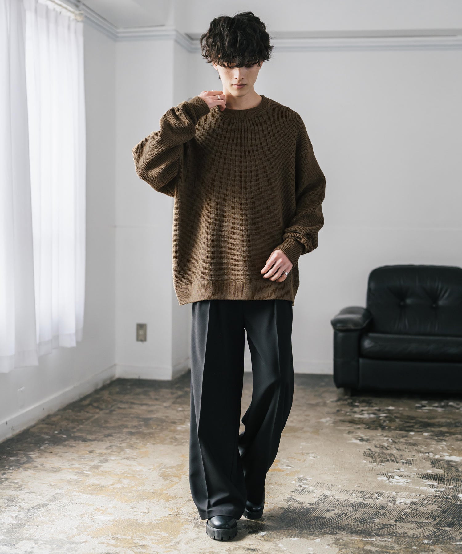 オーバーサイズ配色リブワッフルニットプルオーバーセーター	14546