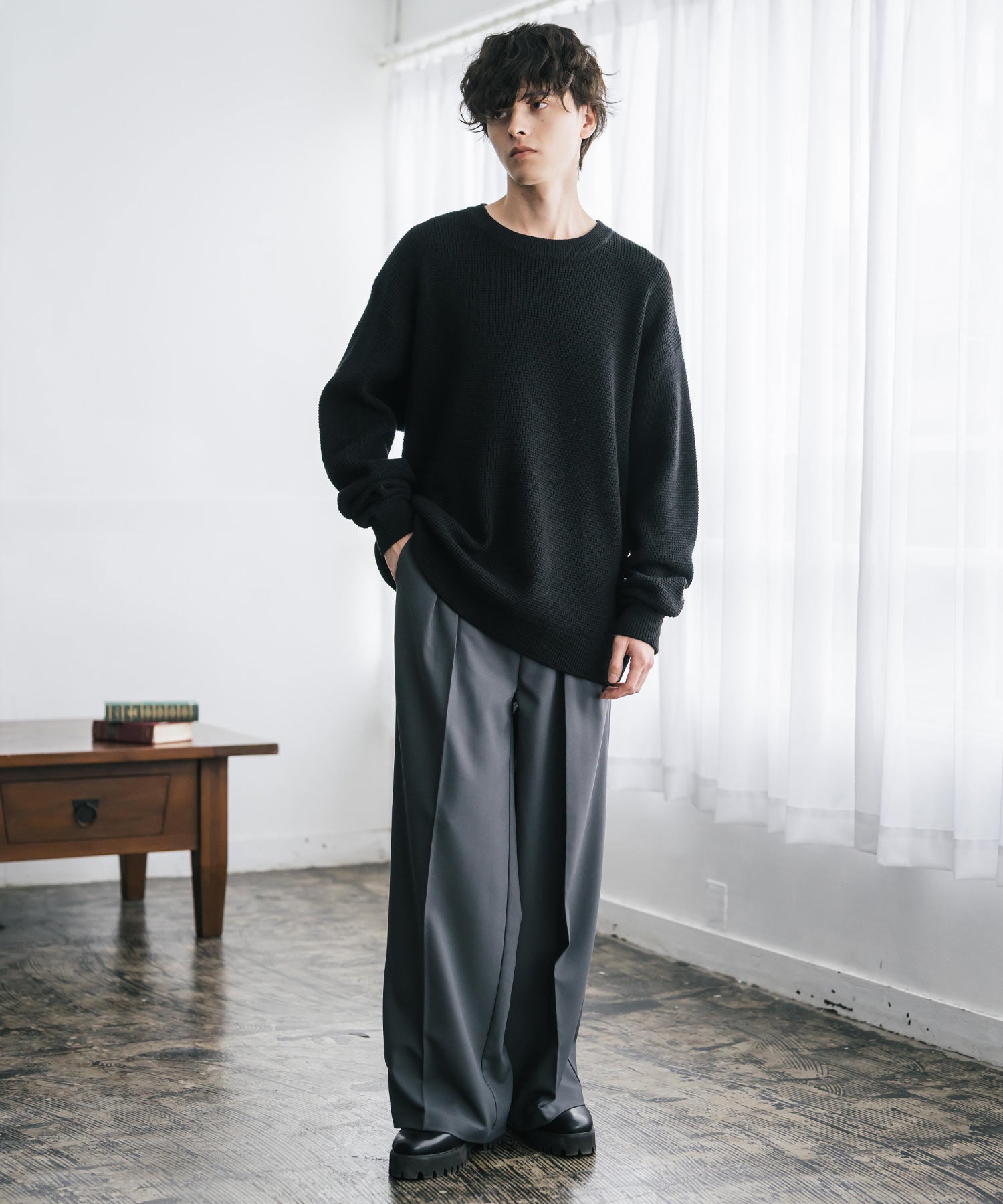 オーバーサイズ配色リブワッフルニットプルオーバーセーター	14546