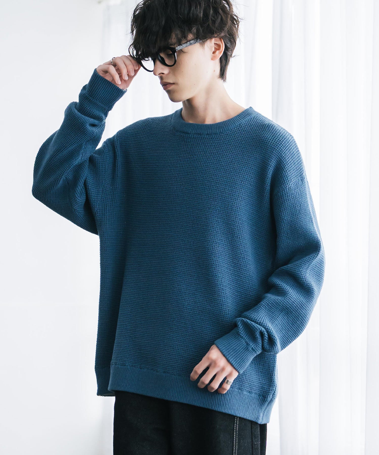 オーバーサイズ配色リブワッフルニットプルオーバーセーター	14546