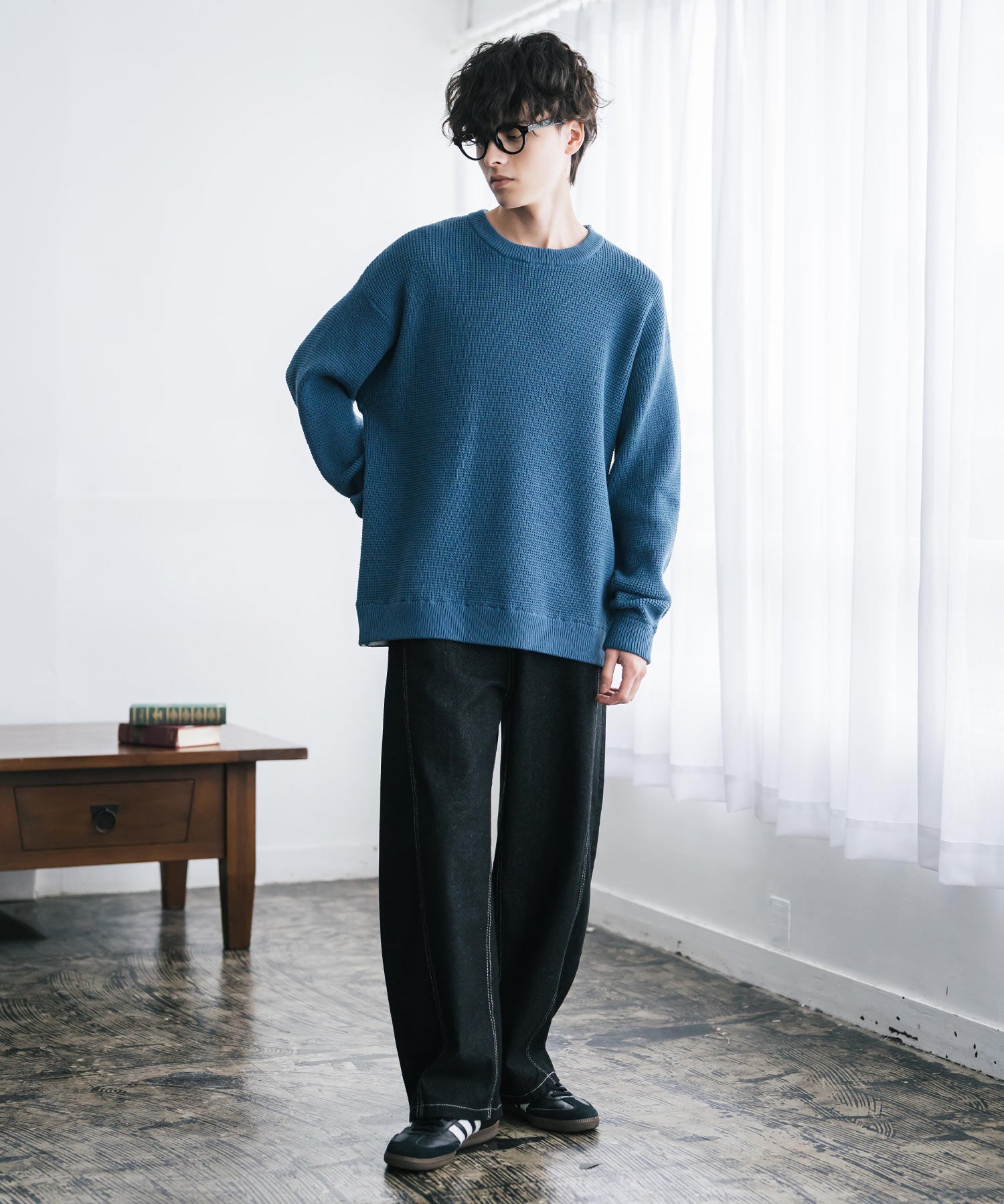 オーバーサイズ配色リブワッフルニットプルオーバーセーター	14546