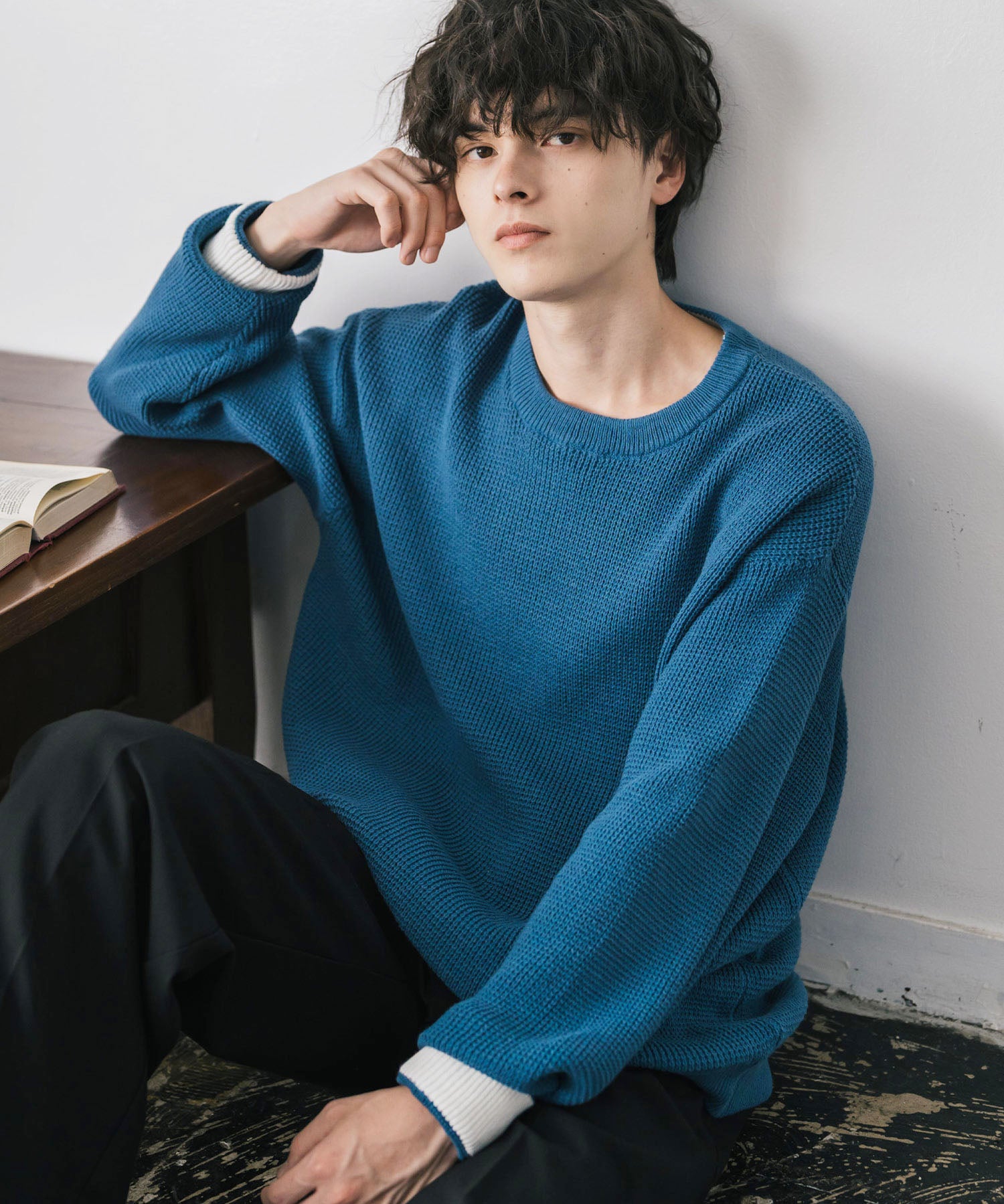 オーバーサイズ配色リブワッフルニットプルオーバーセーター	14546