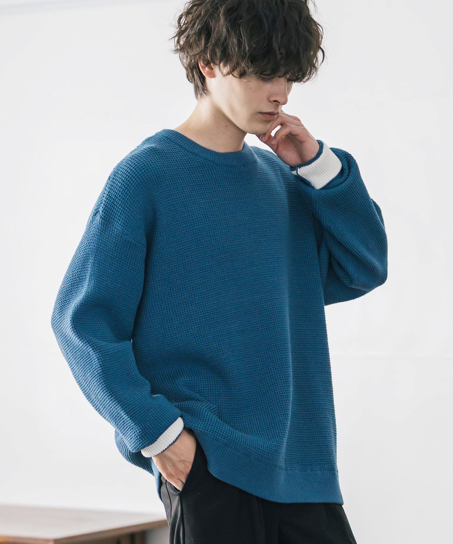 オーバーサイズ配色リブワッフルニットプルオーバーセーター	14546