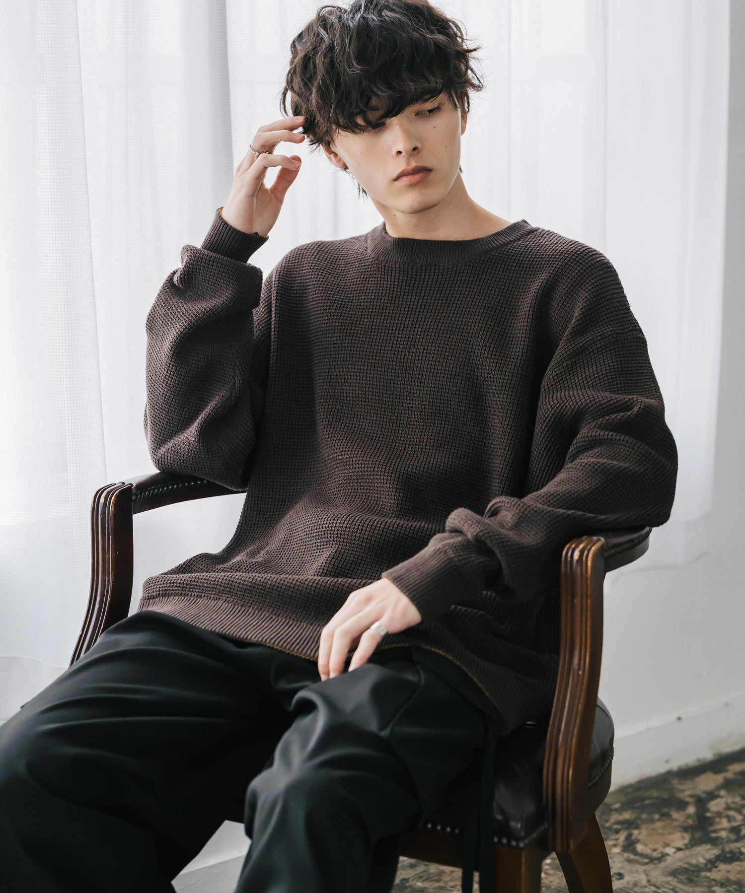 オーバーサイズ配色リブワッフルニットプルオーバーセーター	14546