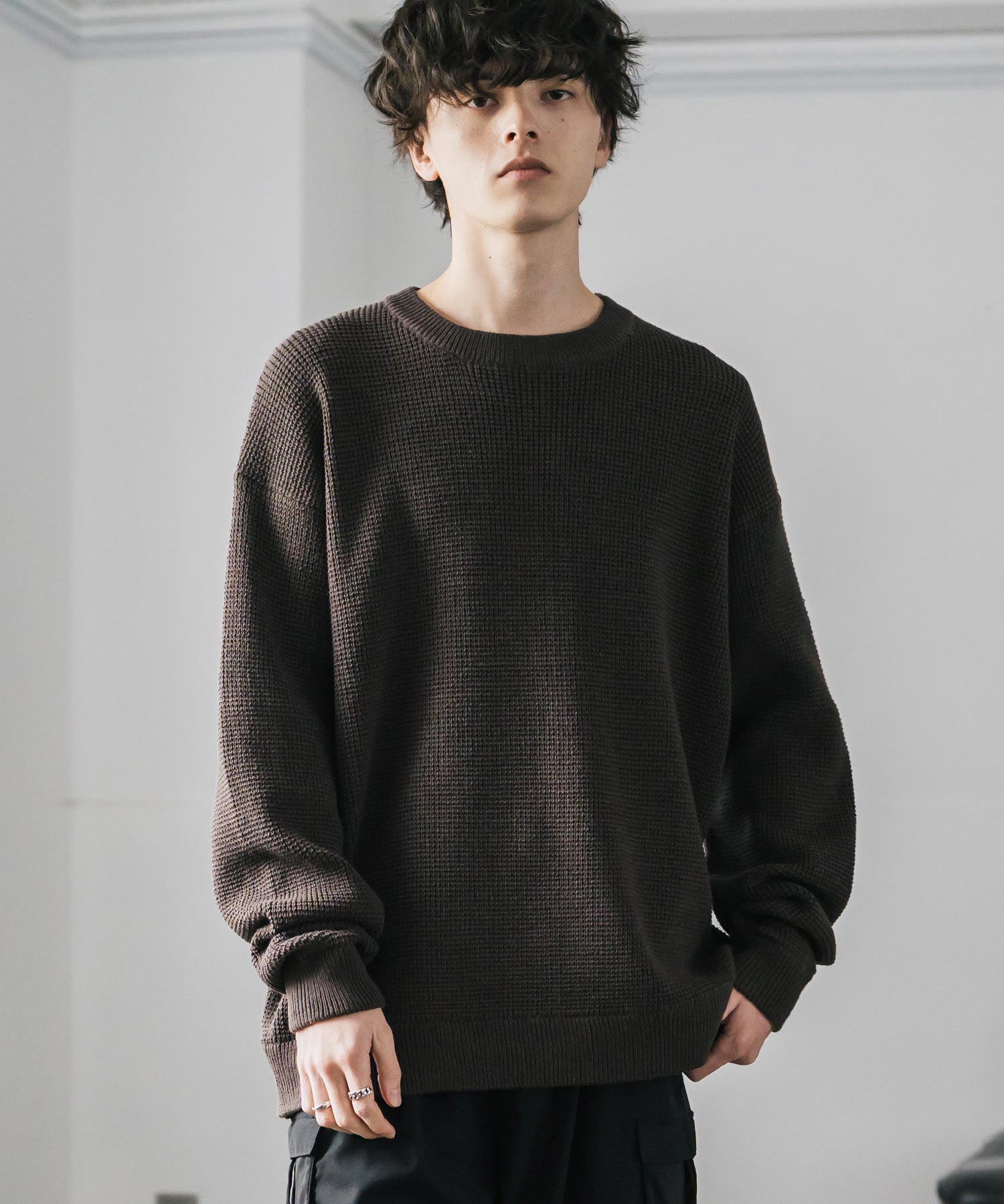 オーバーサイズ配色リブワッフルニットプルオーバーセーター	14546