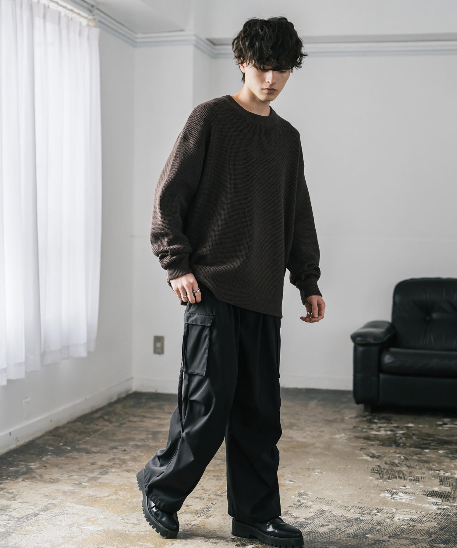 オーバーサイズ配色リブワッフルニットプルオーバーセーター	14546