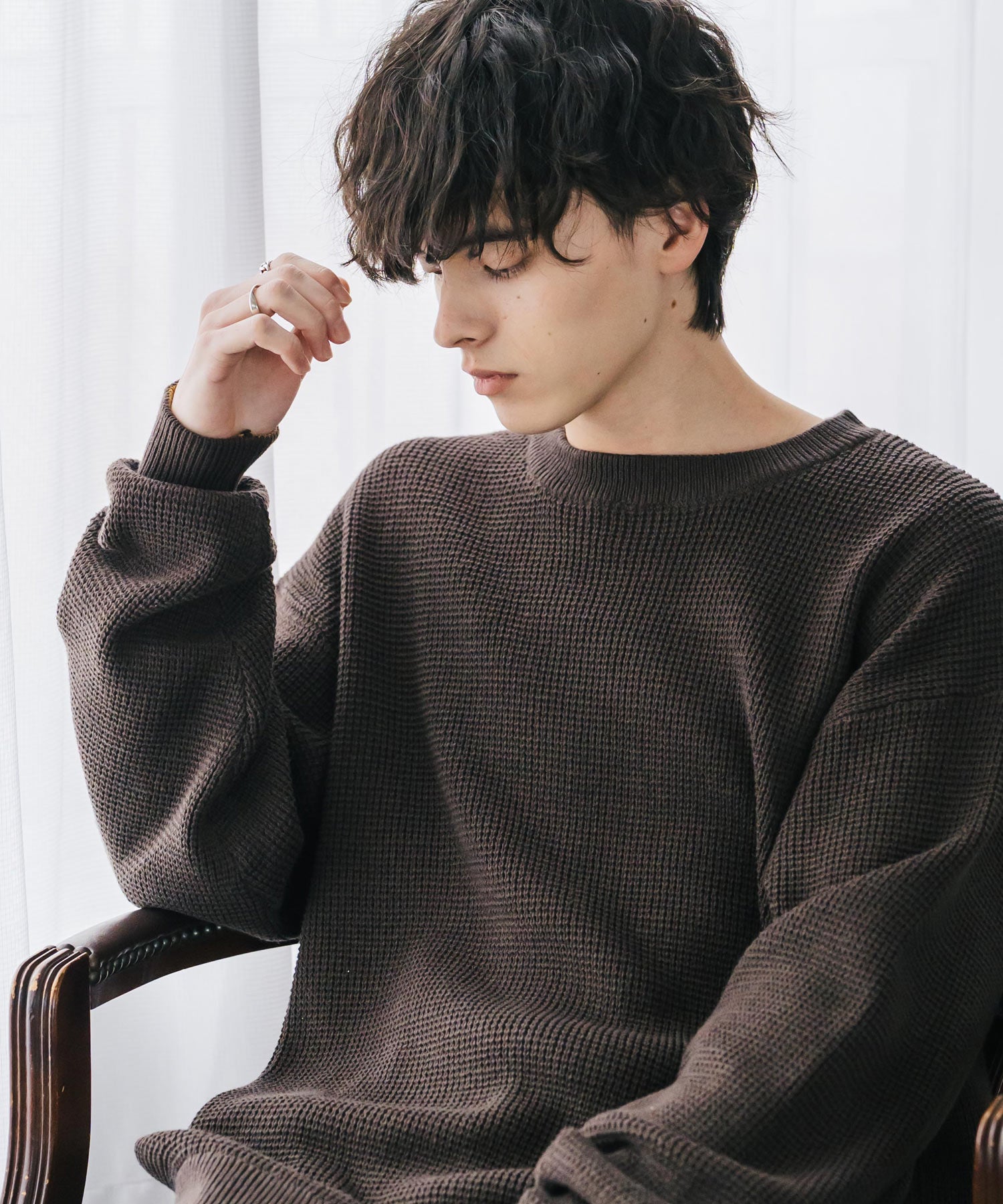 オーバーサイズ配色リブワッフルニットプルオーバーセーター	14546