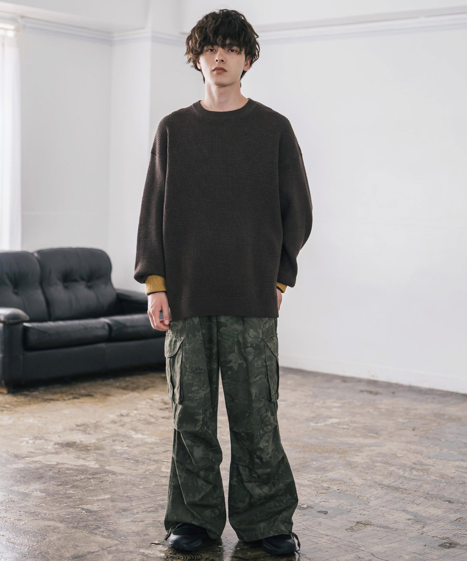 オーバーサイズ配色リブワッフルニットプルオーバーセーター	14546