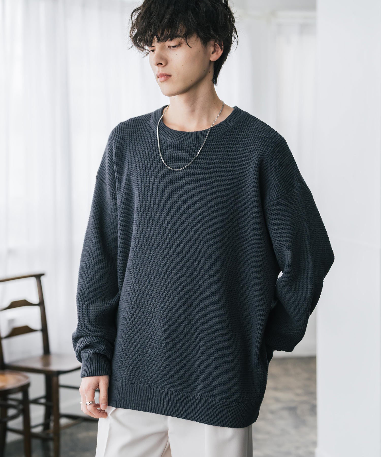 オーバーサイズ配色リブワッフルニットプルオーバーセーター	14546