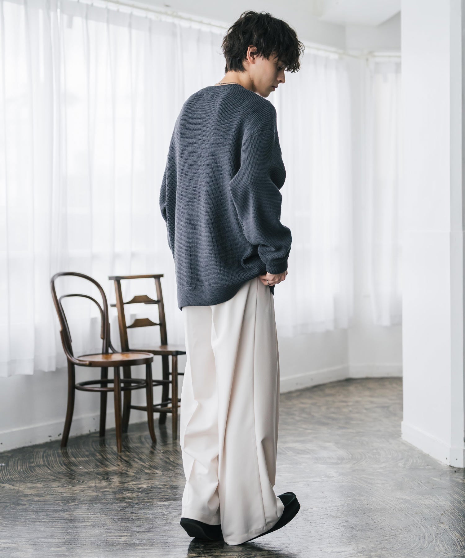 オーバーサイズ配色リブワッフルニットプルオーバーセーター	14546