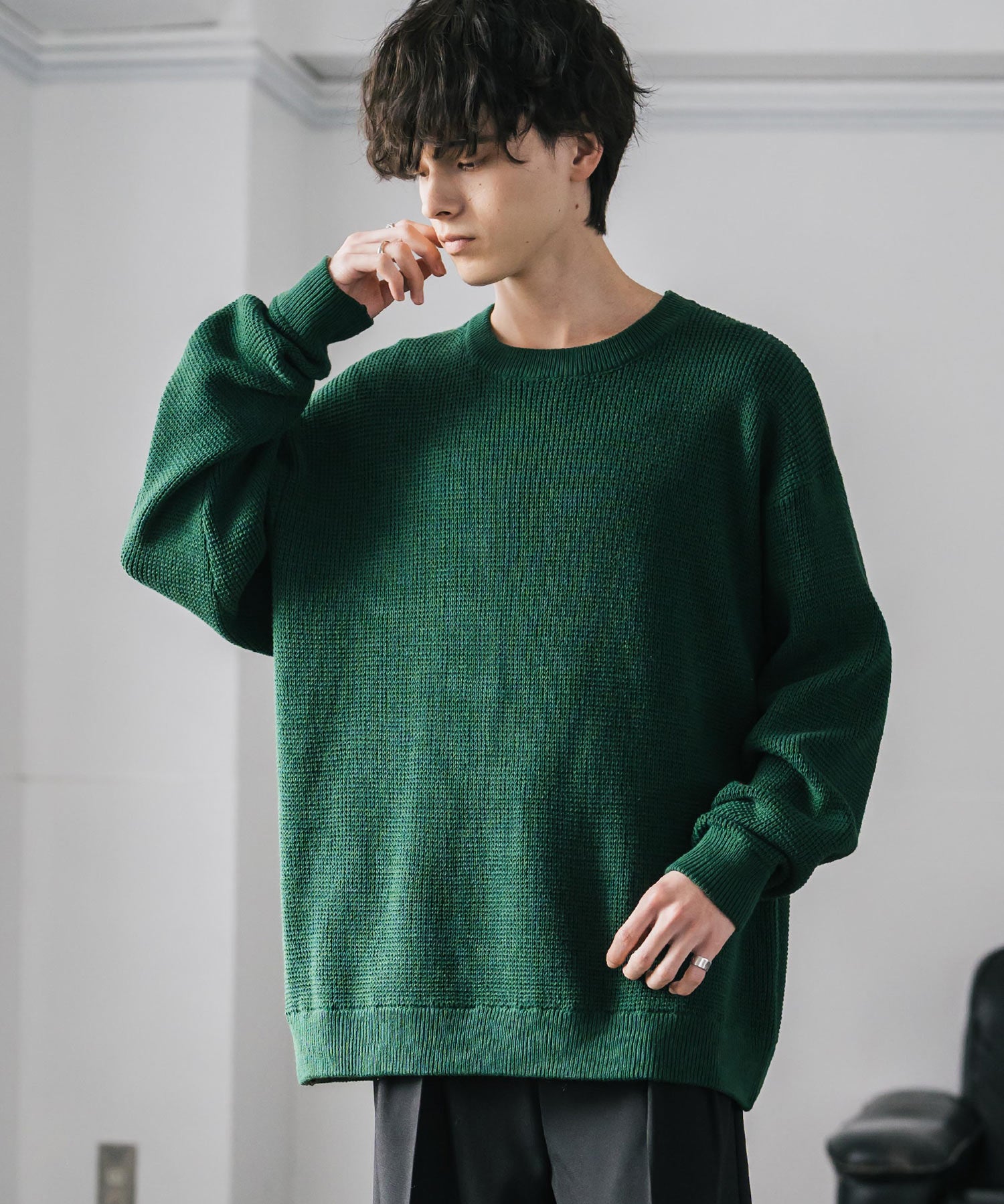 オーバーサイズ配色リブワッフルニットプルオーバーセーター	14546