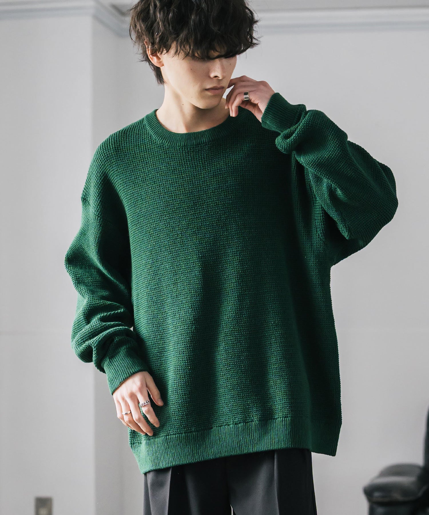 オーバーサイズ配色リブワッフルニットプルオーバーセーター	14546