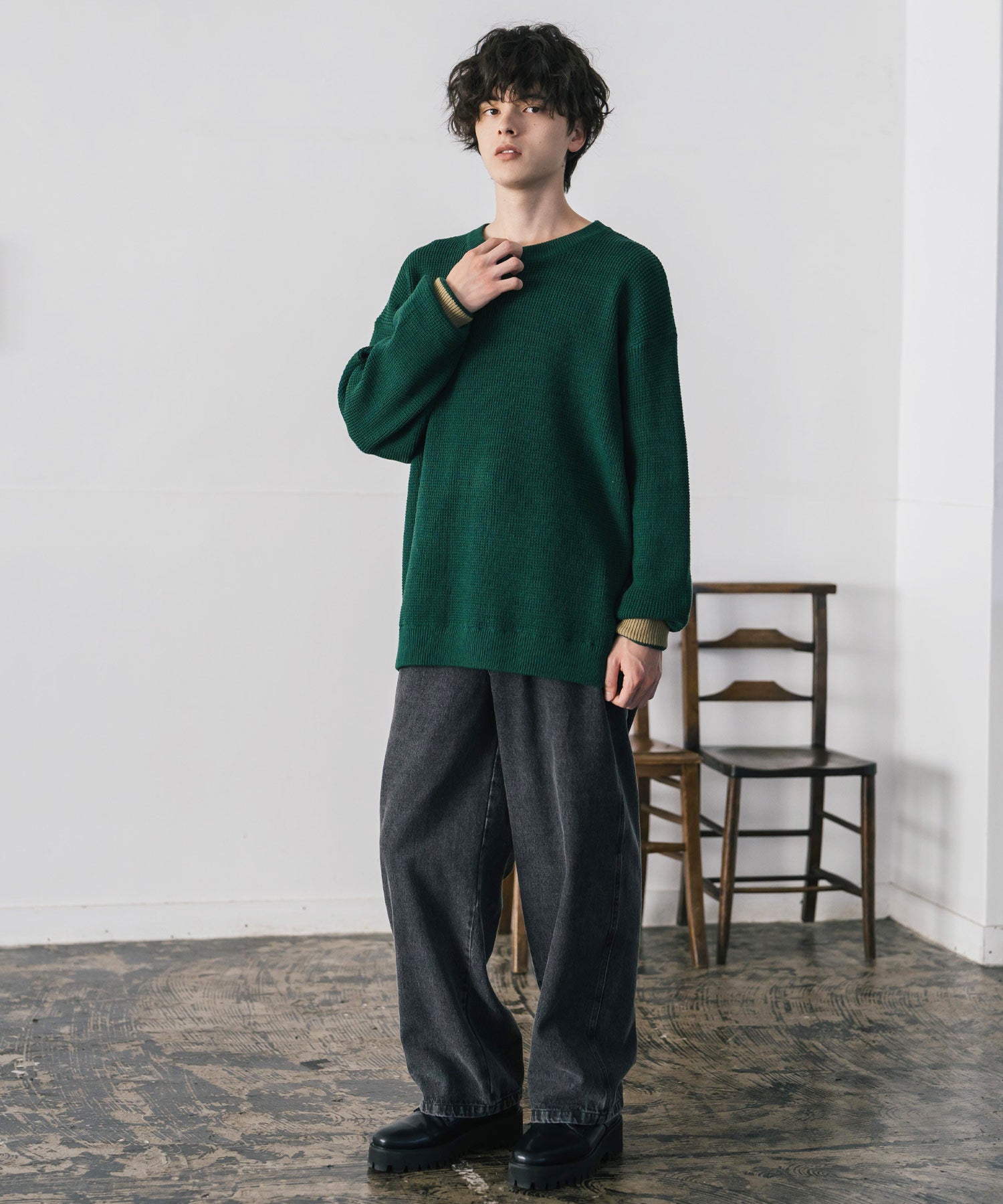 オーバーサイズ配色リブワッフルニットプルオーバーセーター	14546