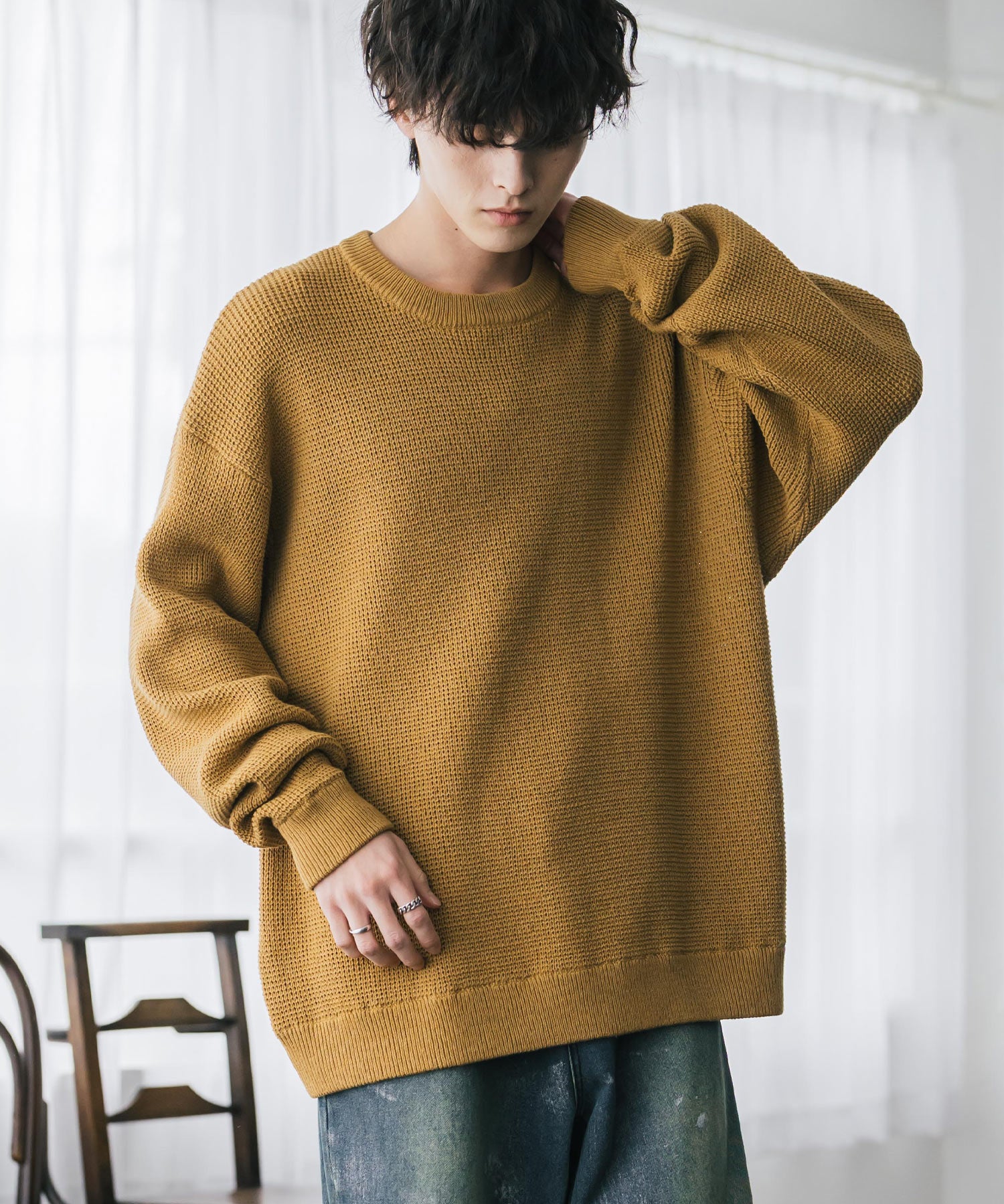 オーバーサイズ配色リブワッフルニットプルオーバーセーター	14546