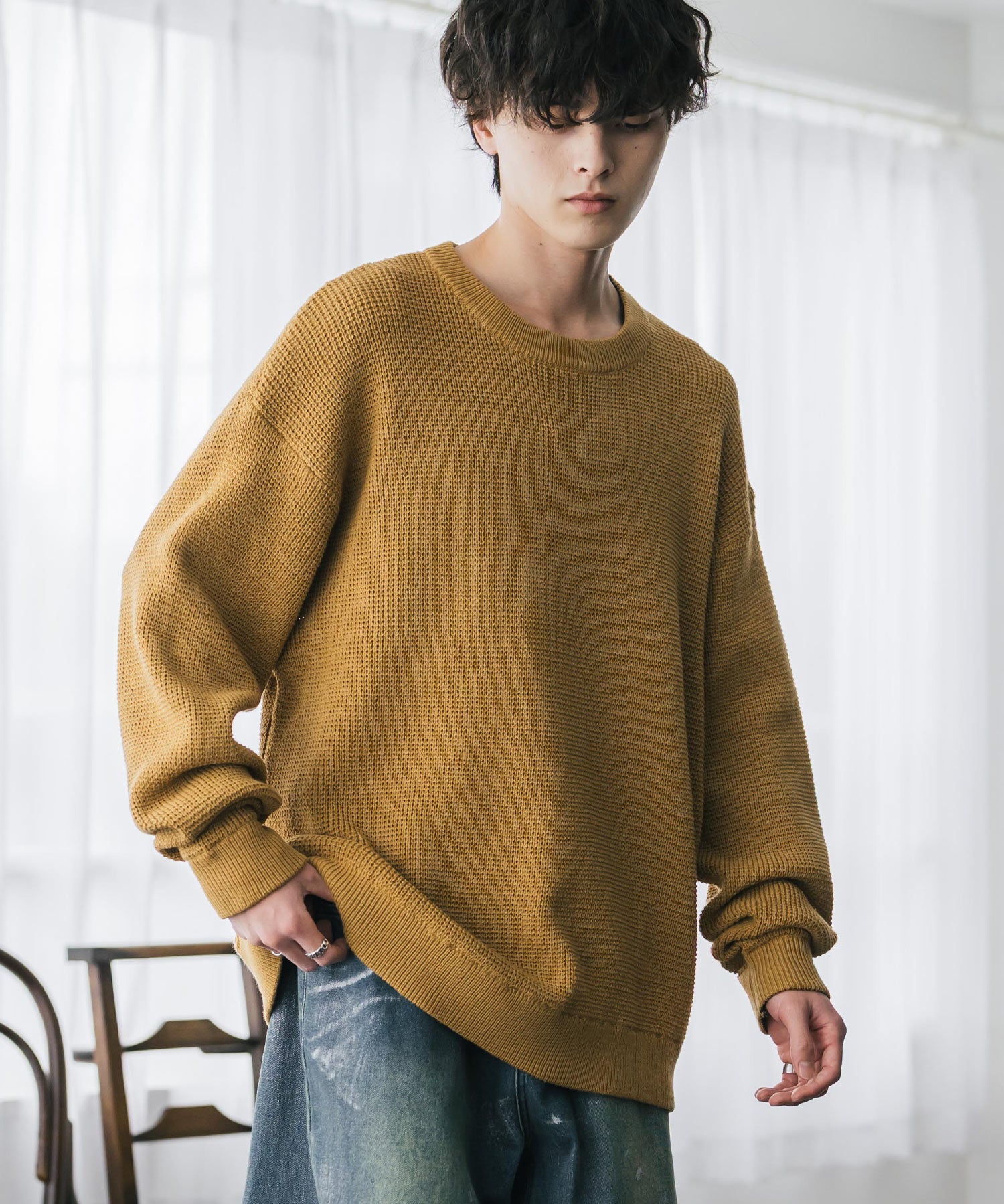 オーバーサイズ配色リブワッフルニットプルオーバーセーター	14546