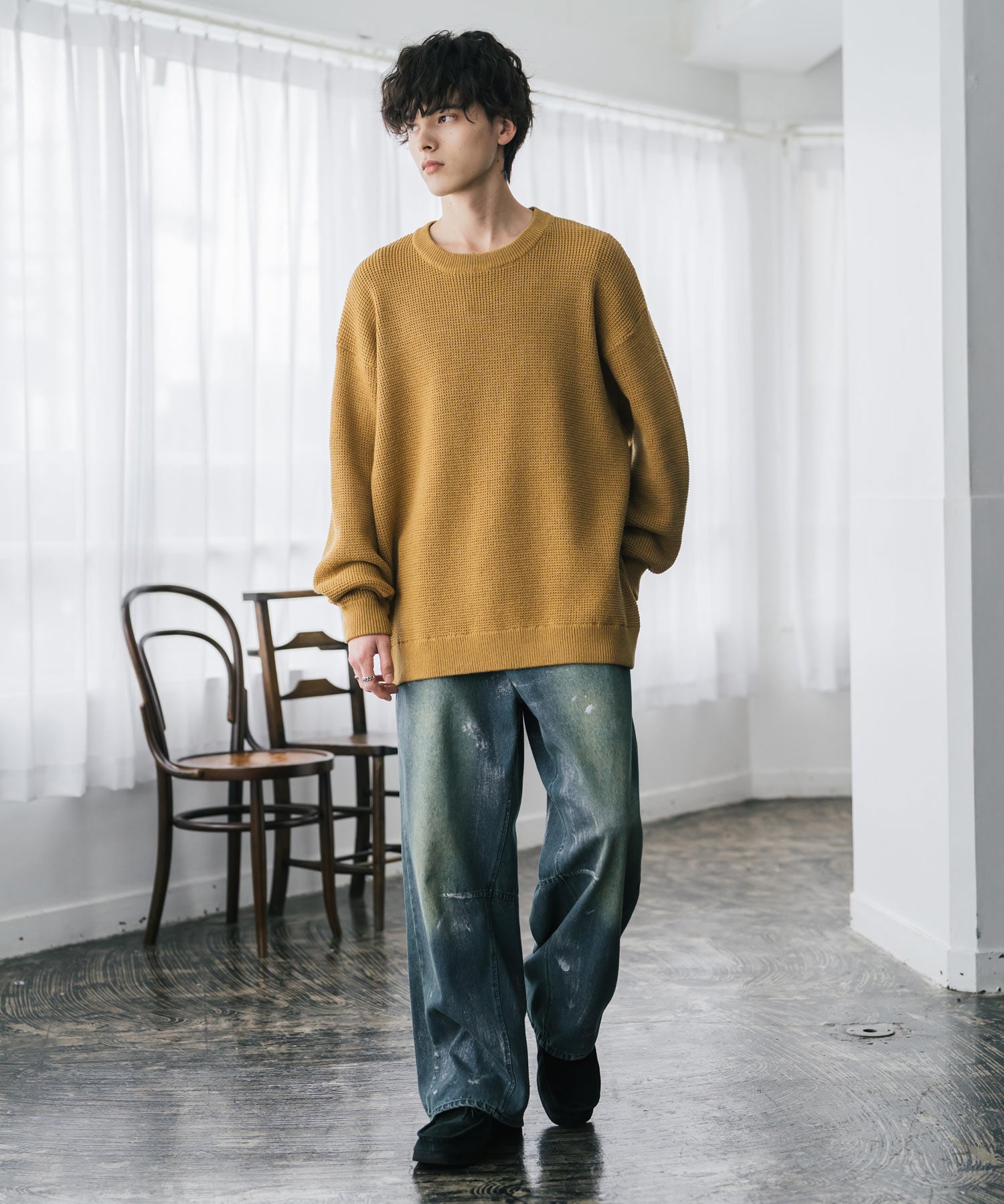 オーバーサイズ配色リブワッフルニットプルオーバーセーター	14546