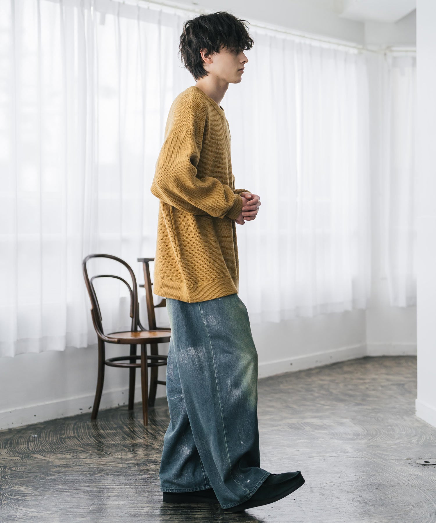 オーバーサイズ配色リブワッフルニットプルオーバーセーター	14546