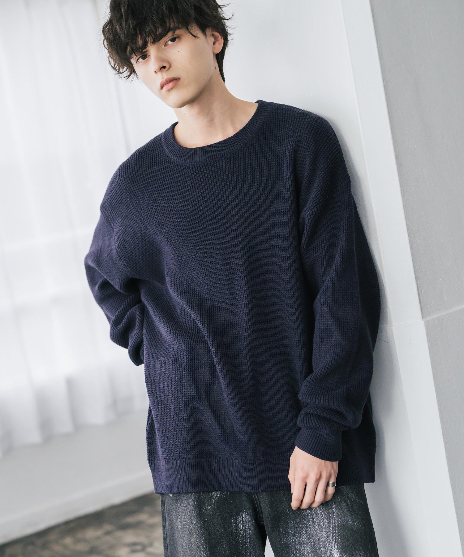 オーバーサイズ配色リブワッフルニットプルオーバーセーター	14546